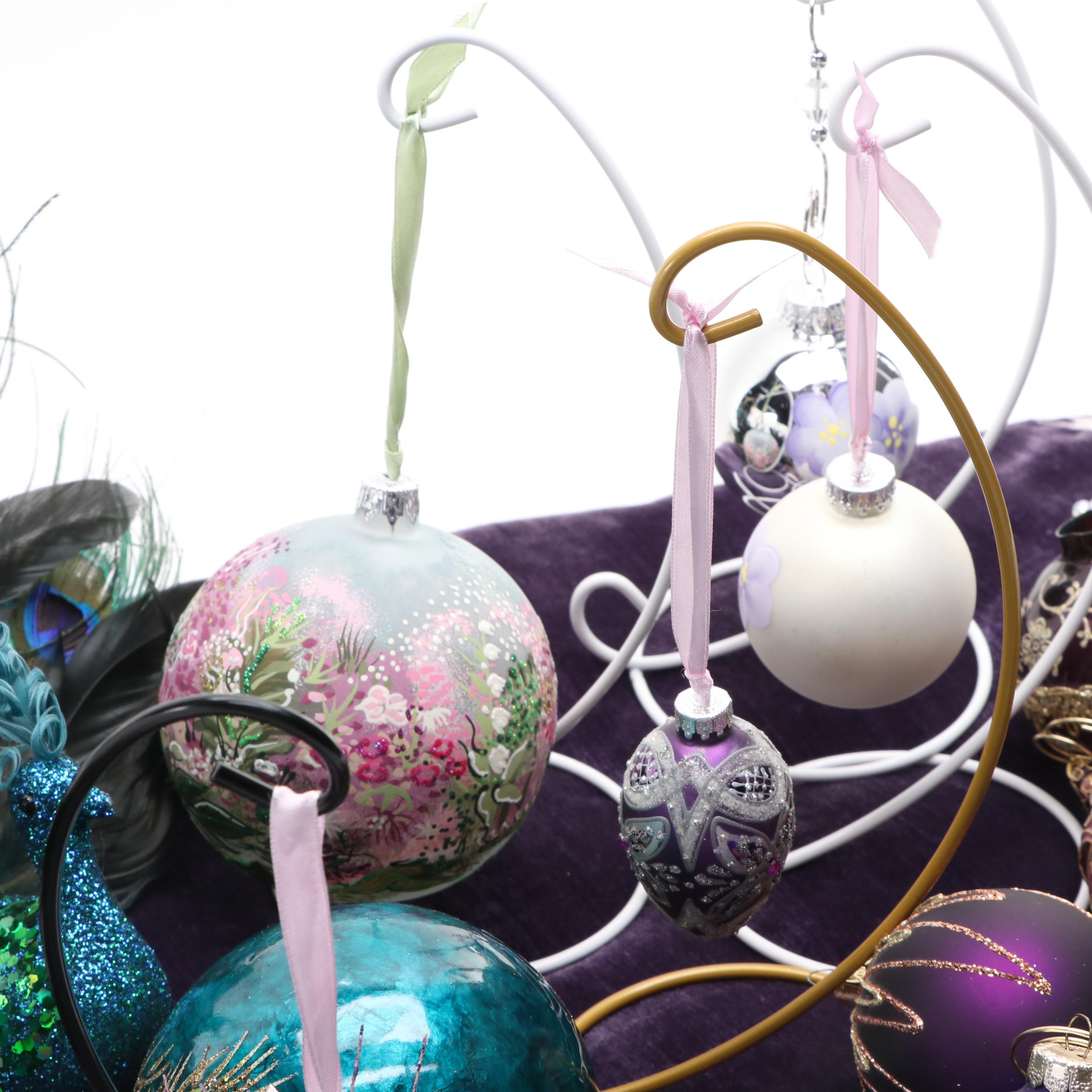 Peacock and Purple Themed Glass Ornaments with Other Christmas Decorations