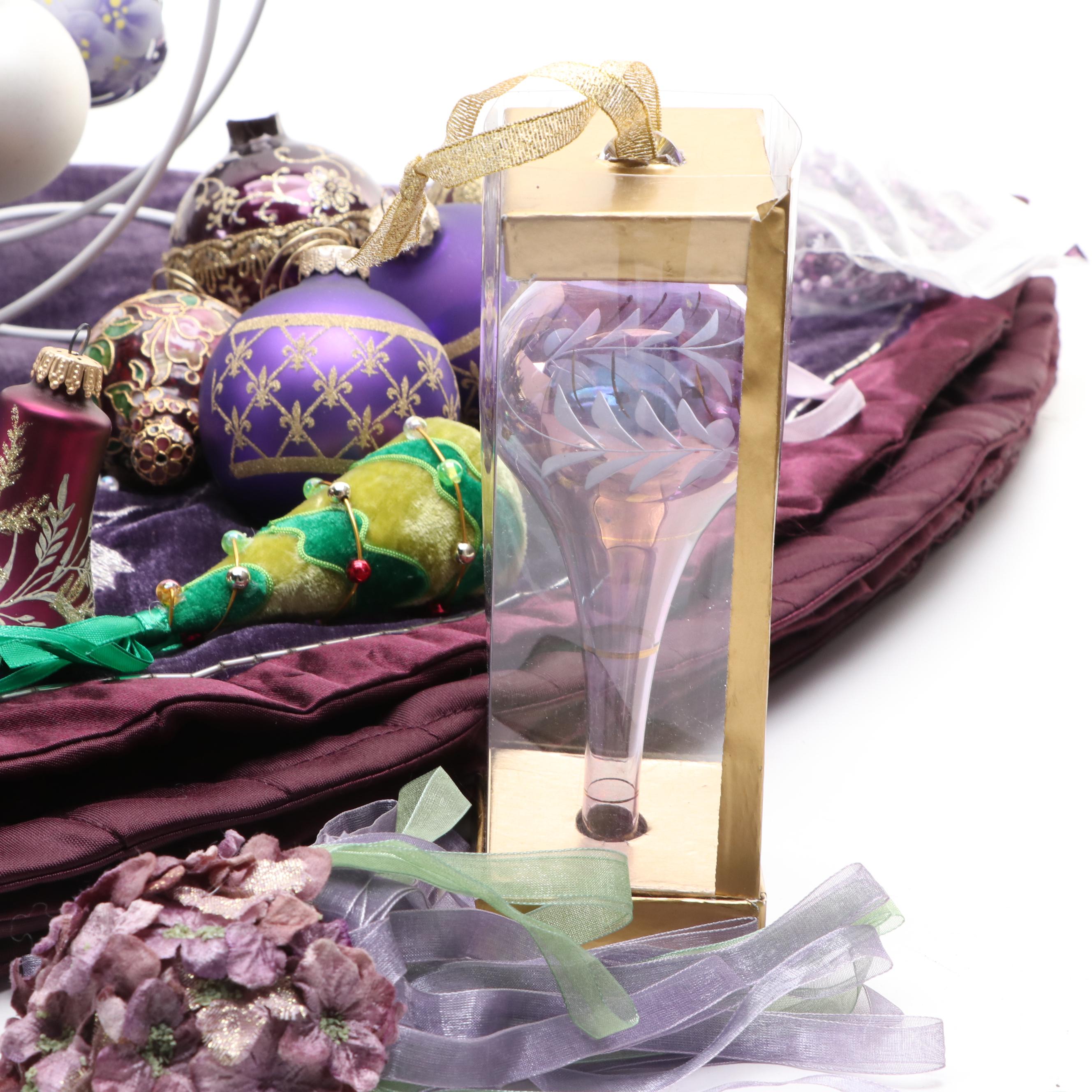 Peacock and Purple Themed Glass Ornaments with Other Christmas Decorations