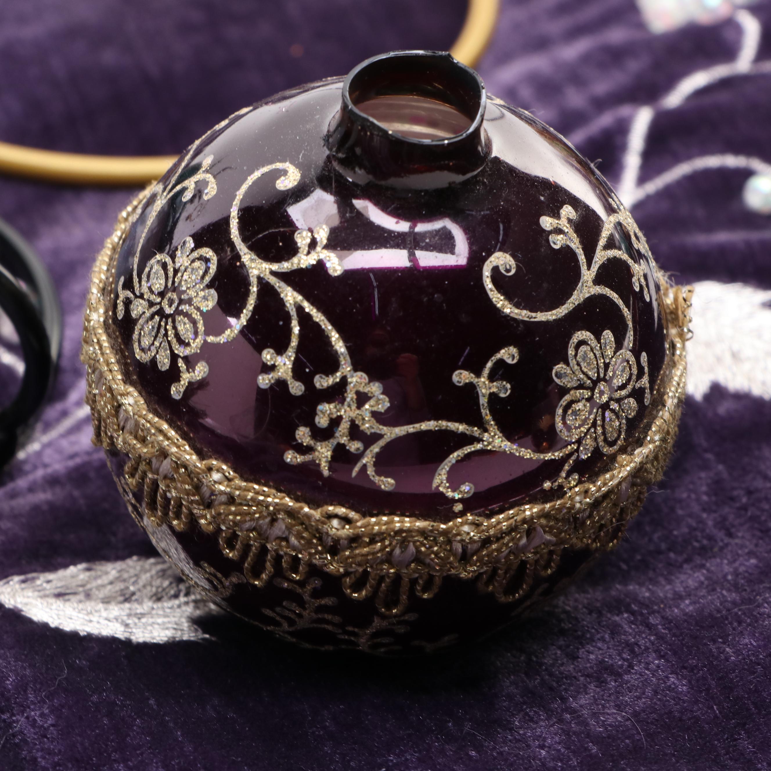 Peacock and Purple Themed Glass Ornaments with Other Christmas Decorations