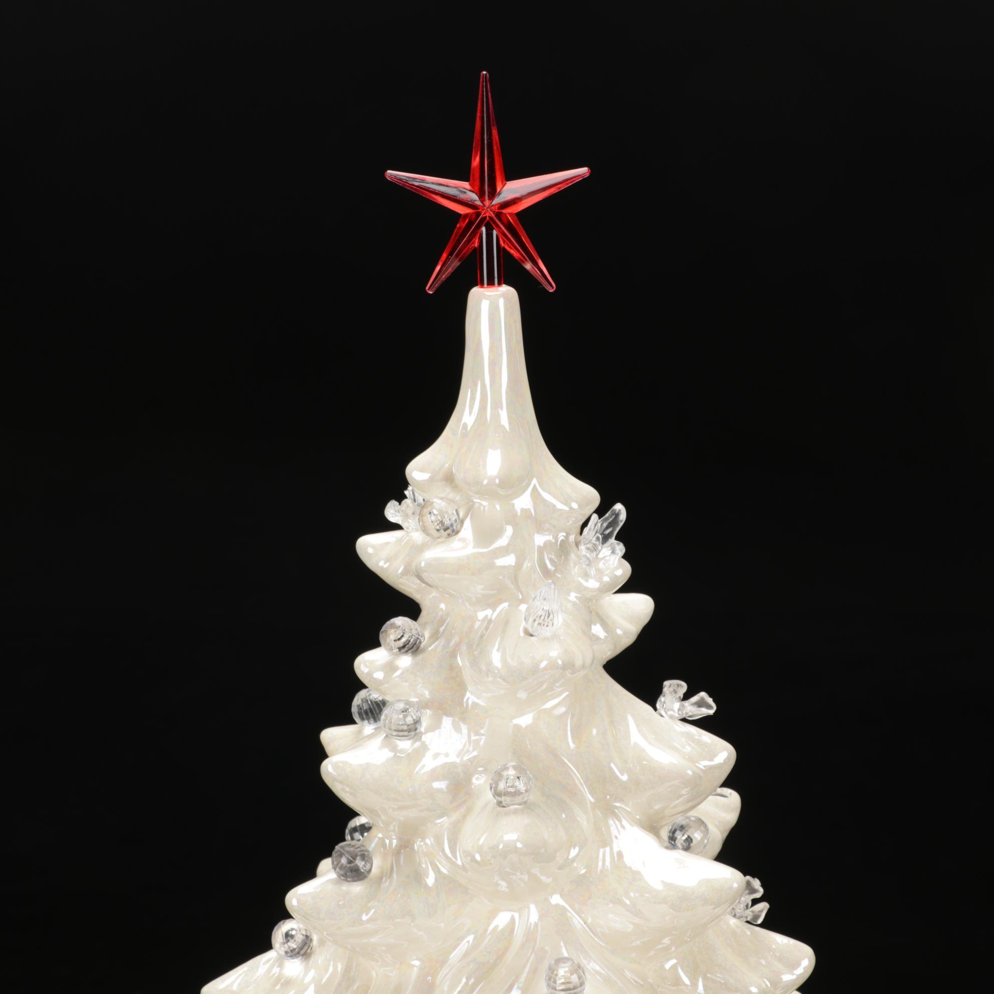 White Lustre Atlantic Mold Ceramic Illuminated Christmas Tree With Separate Base