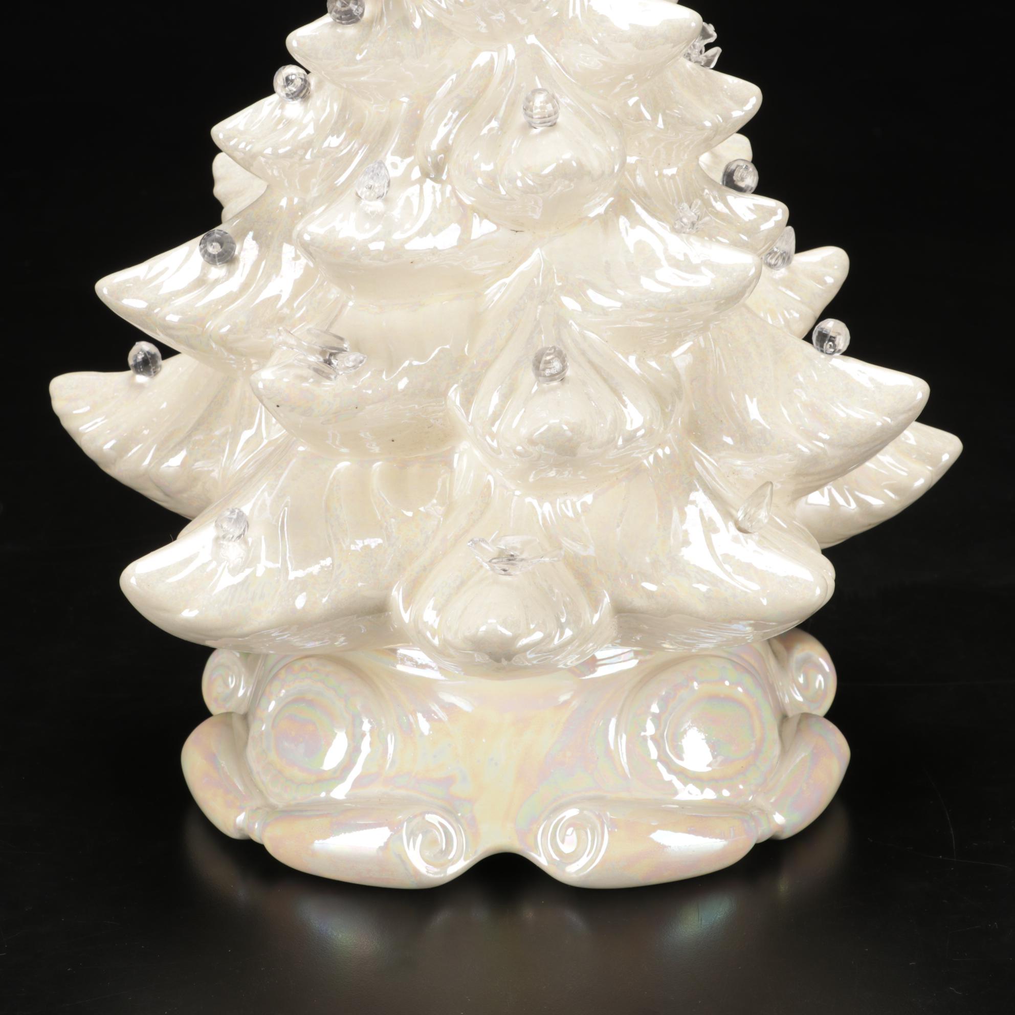 White Lustre Atlantic Mold Ceramic Illuminated Christmas Tree With Separate Base