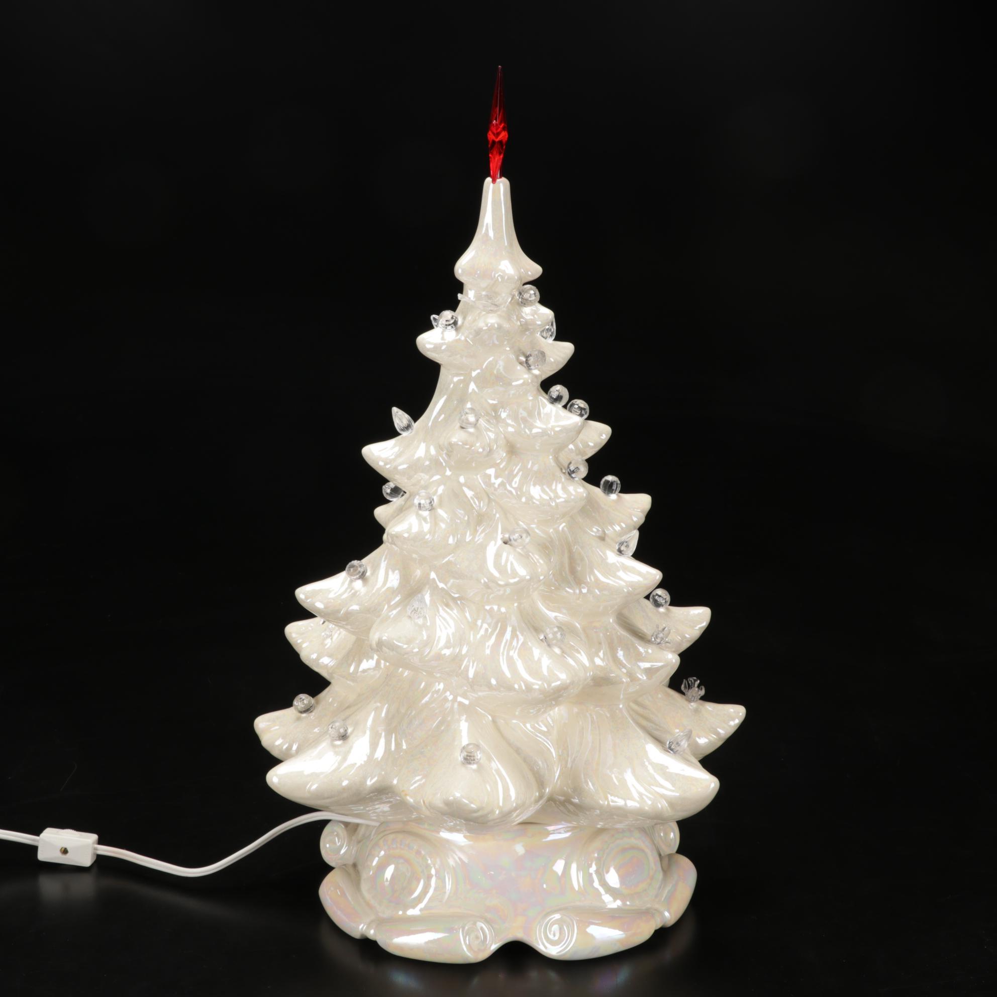 White Lustre Atlantic Mold Ceramic Illuminated Christmas Tree With Separate Base