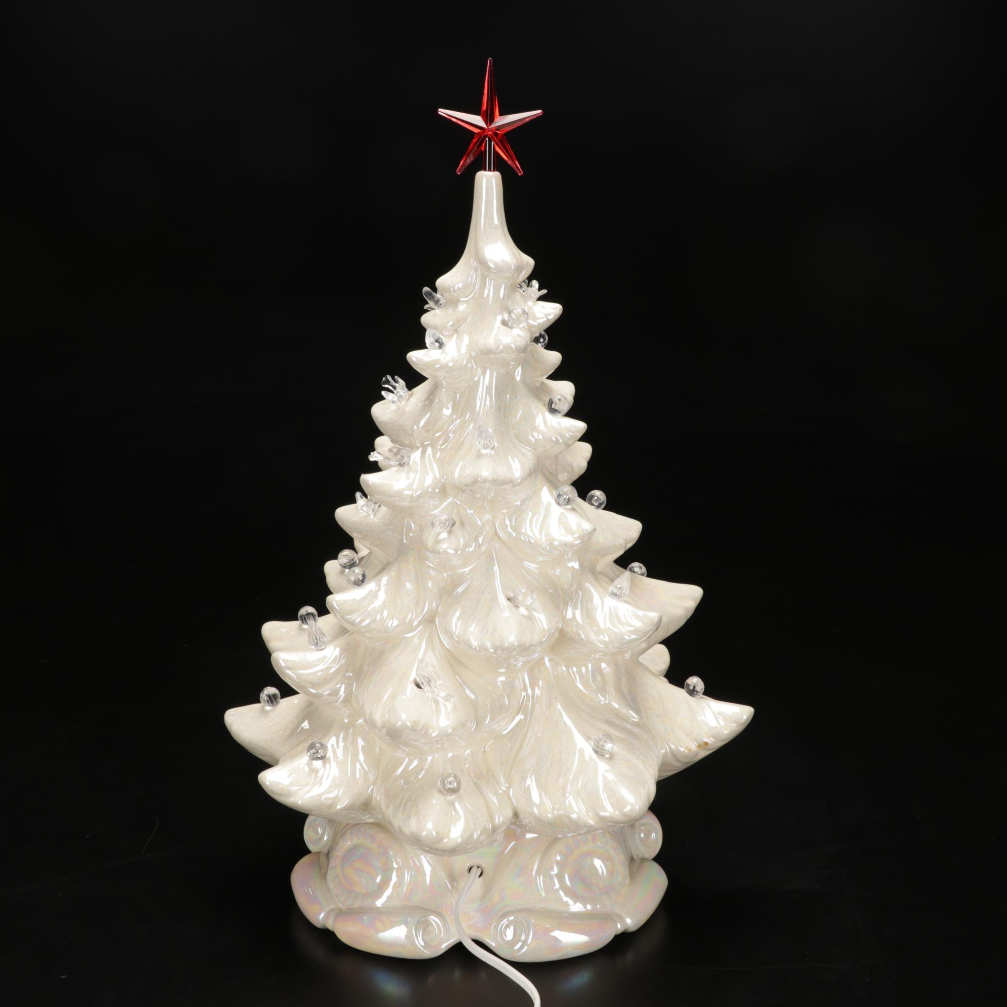 White Lustre Atlantic Mold Ceramic Illuminated Christmas Tree With Separate Base