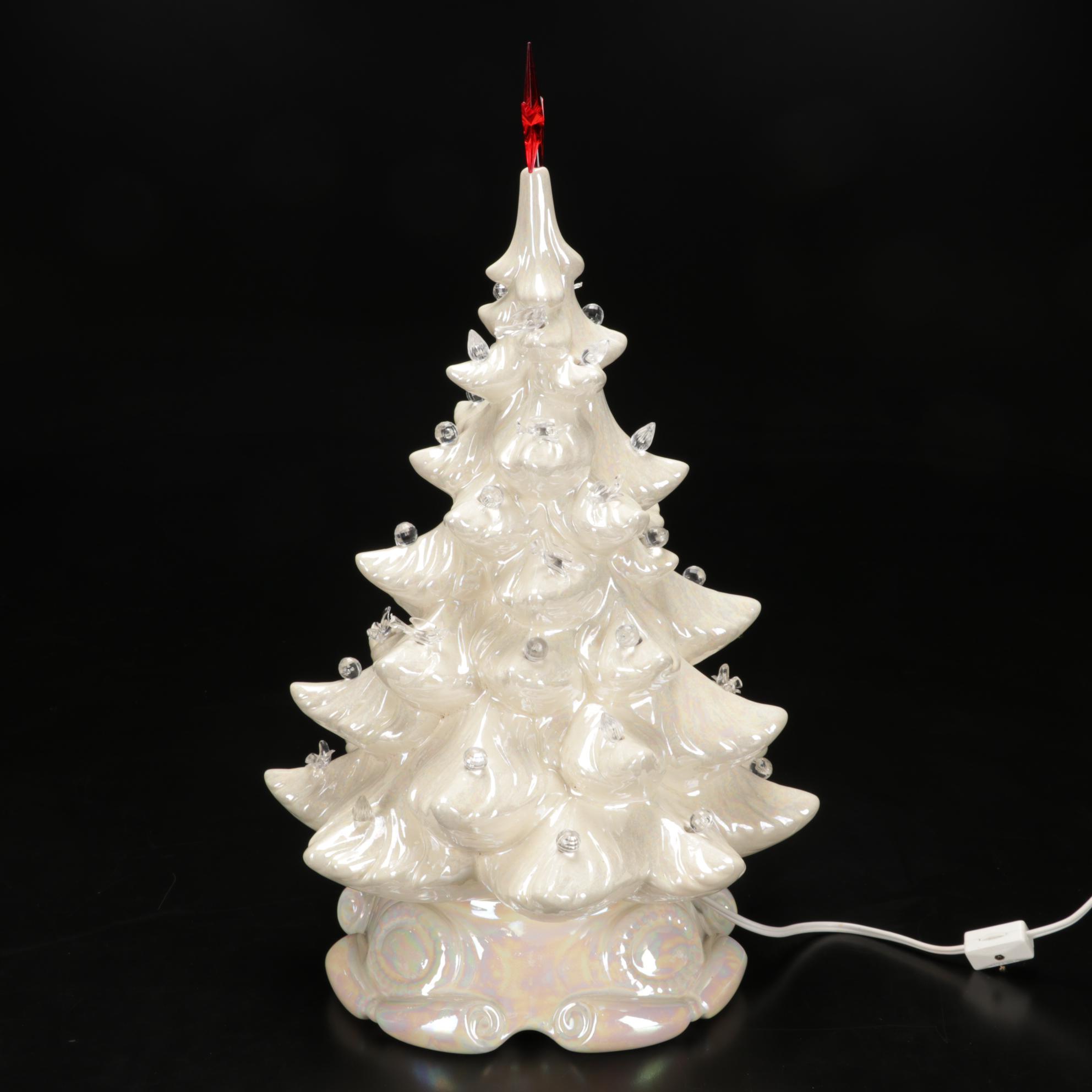 White Lustre Atlantic Mold Ceramic Illuminated Christmas Tree With Separate Base