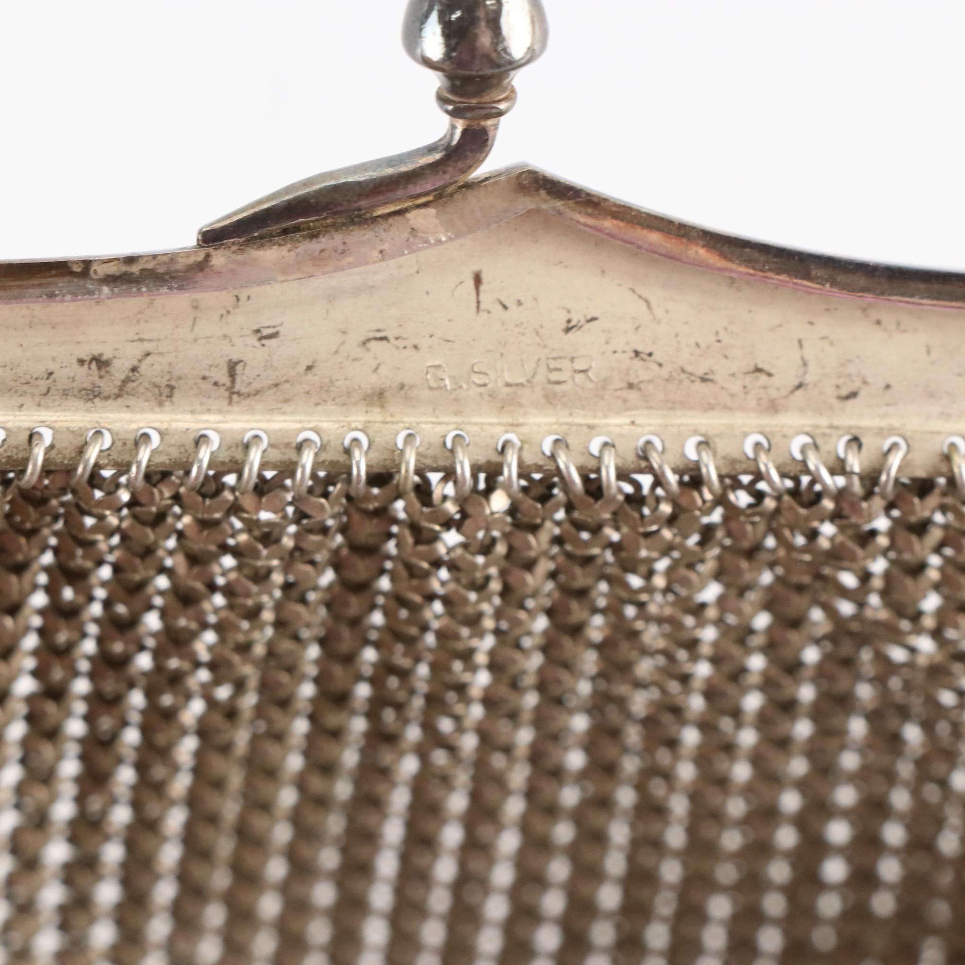 German Silver Metal Mesh Frame Purse, Hinged Coin Purses, and Compact Mirror