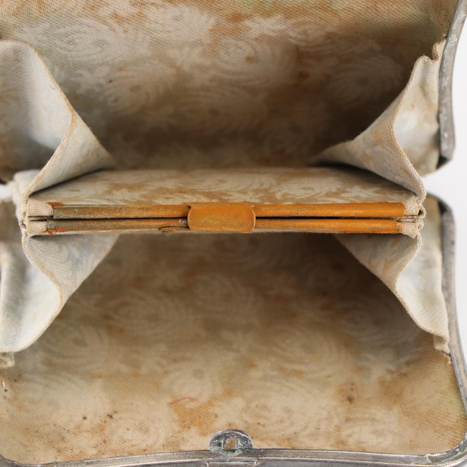 German Silver Metal Mesh Frame Purse, Hinged Coin Purses, and Compact Mirror