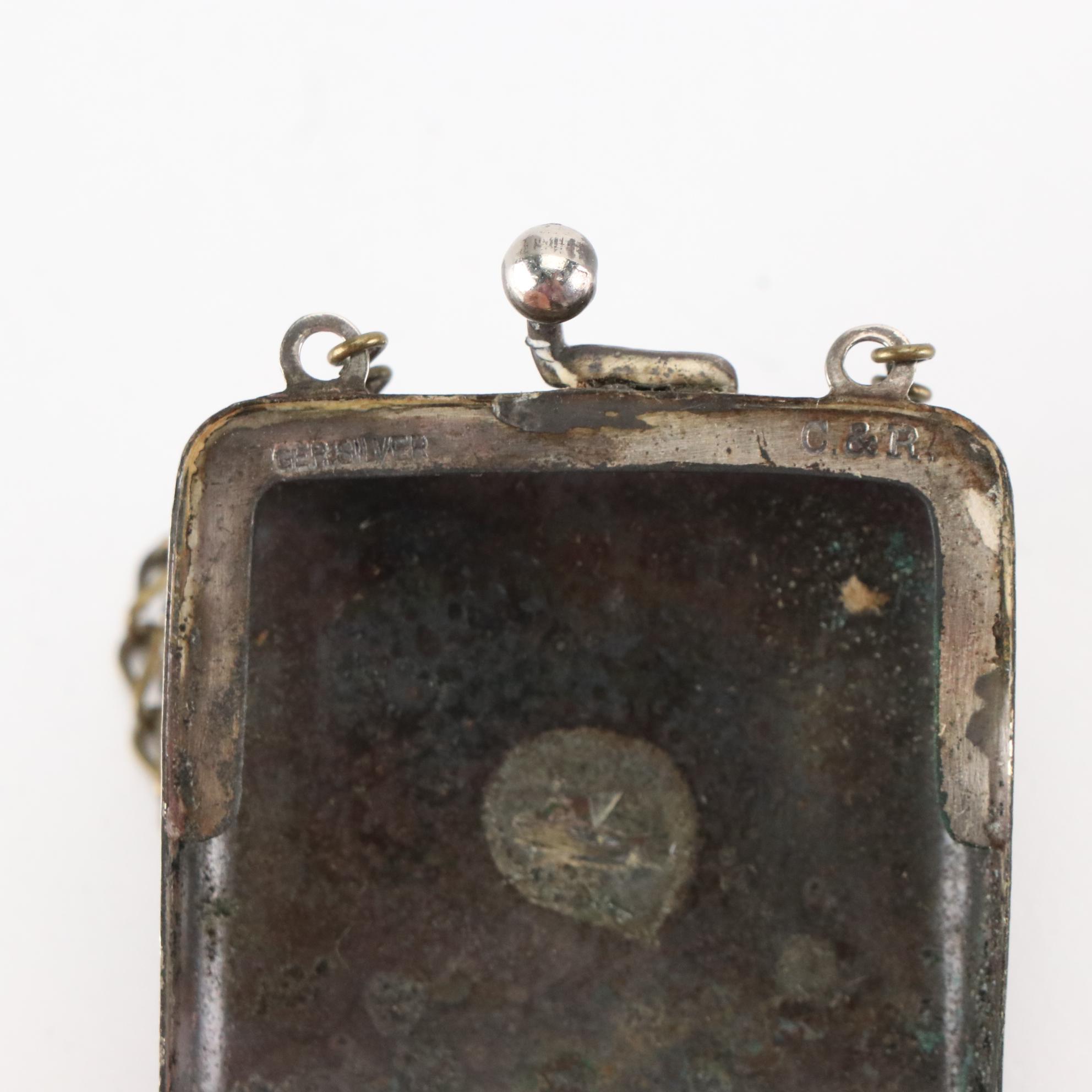 German Silver Metal Mesh Frame Purse, Hinged Coin Purses, and Compact Mirror