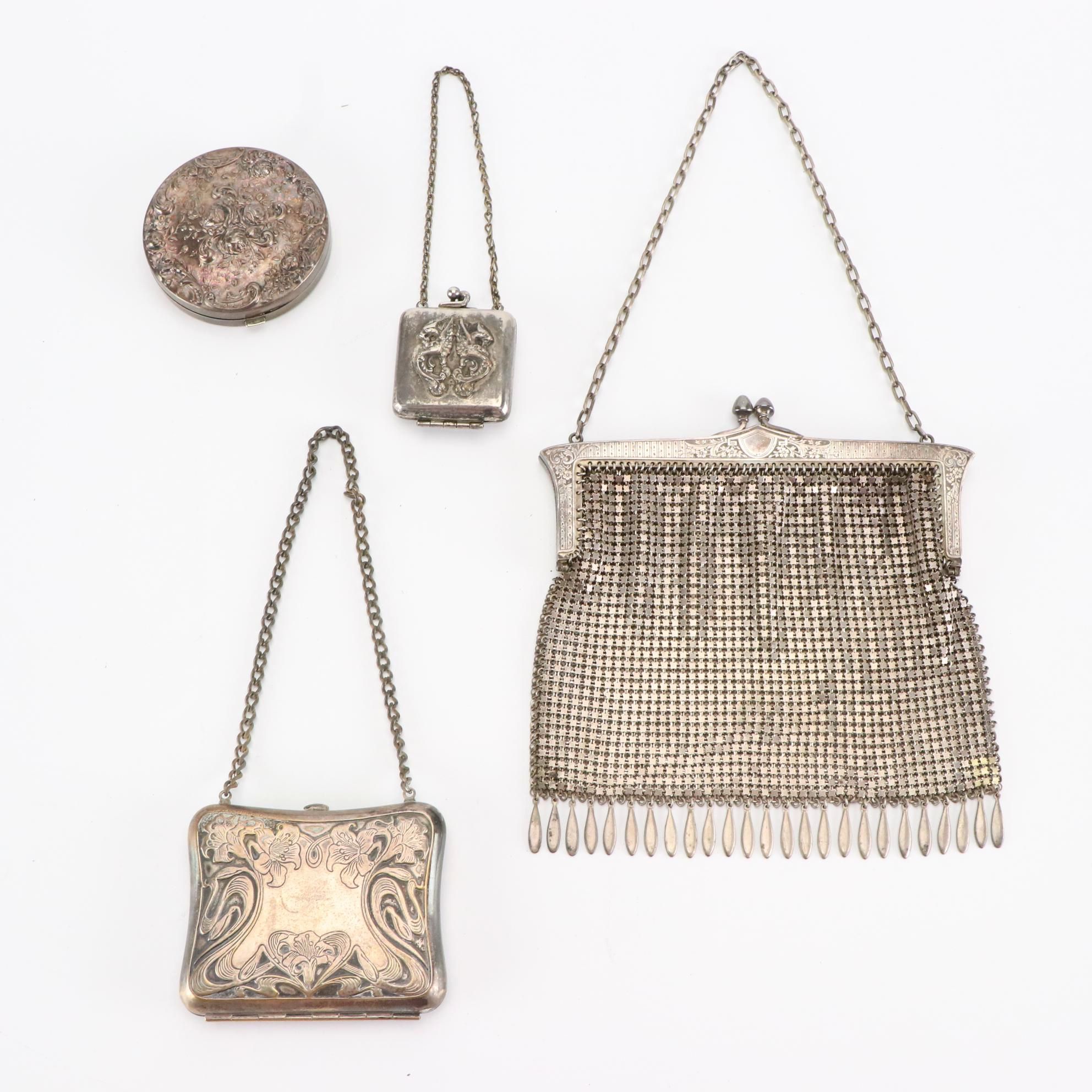 German Silver Metal Mesh Frame Purse, Hinged Coin Purses, and Compact Mirror
