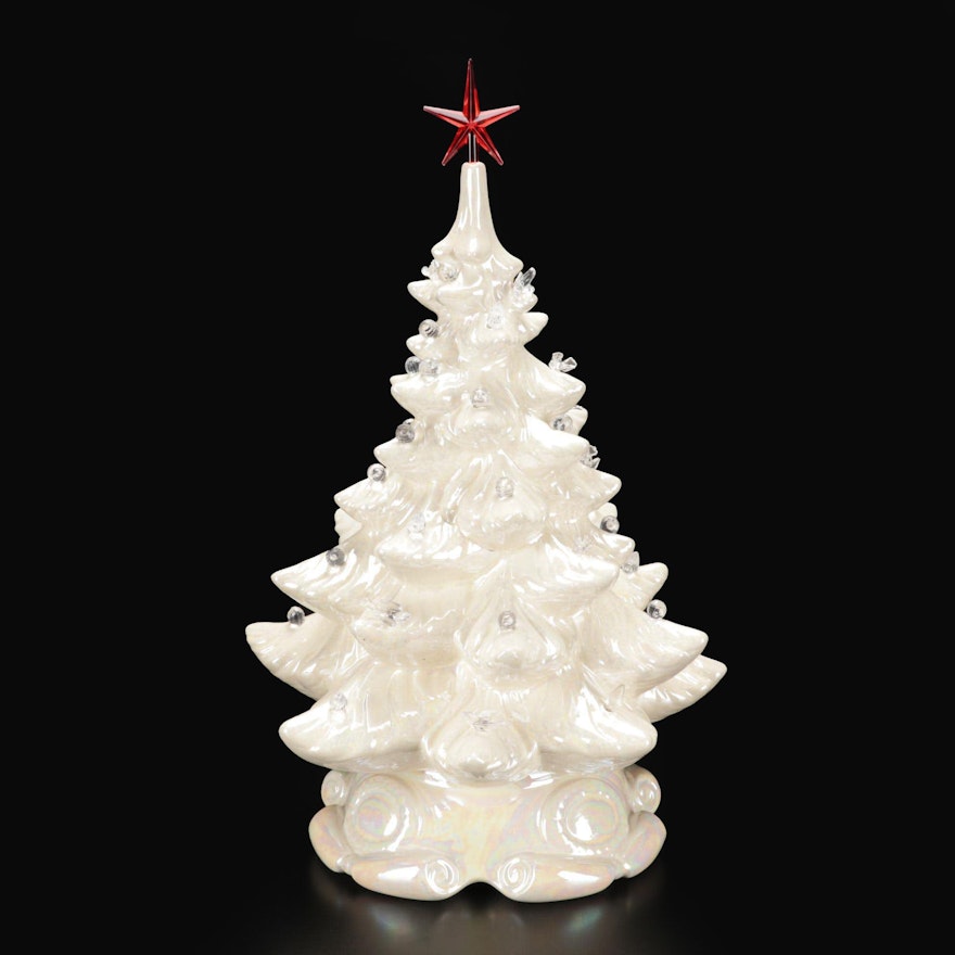 White Lustre Atlantic Mold Ceramic Illuminated Christmas Tree With Separate Base