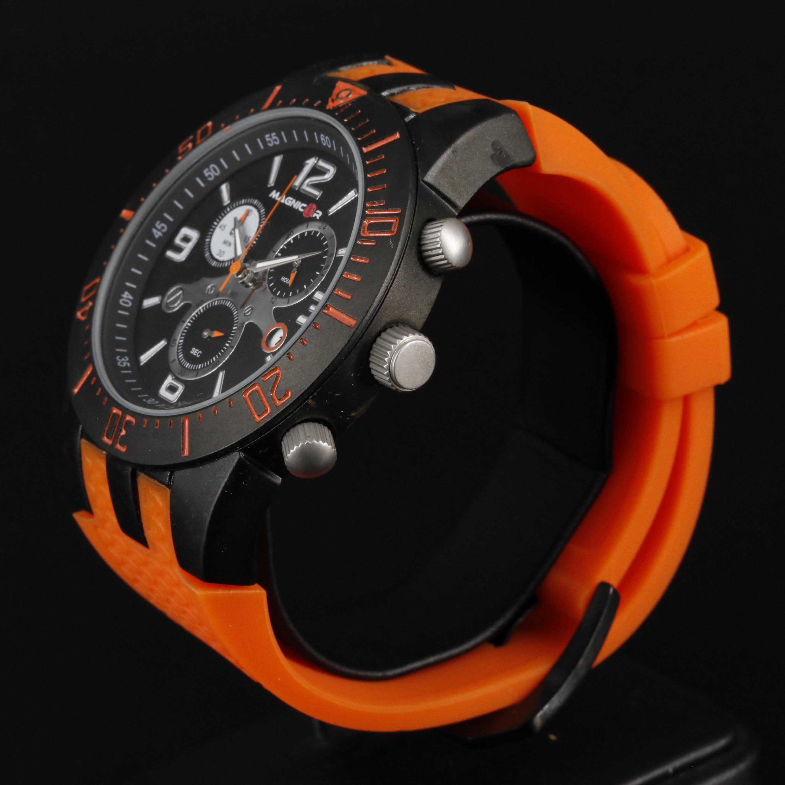 Magnicor Black Dial Chronograph Watch with Orange Strap