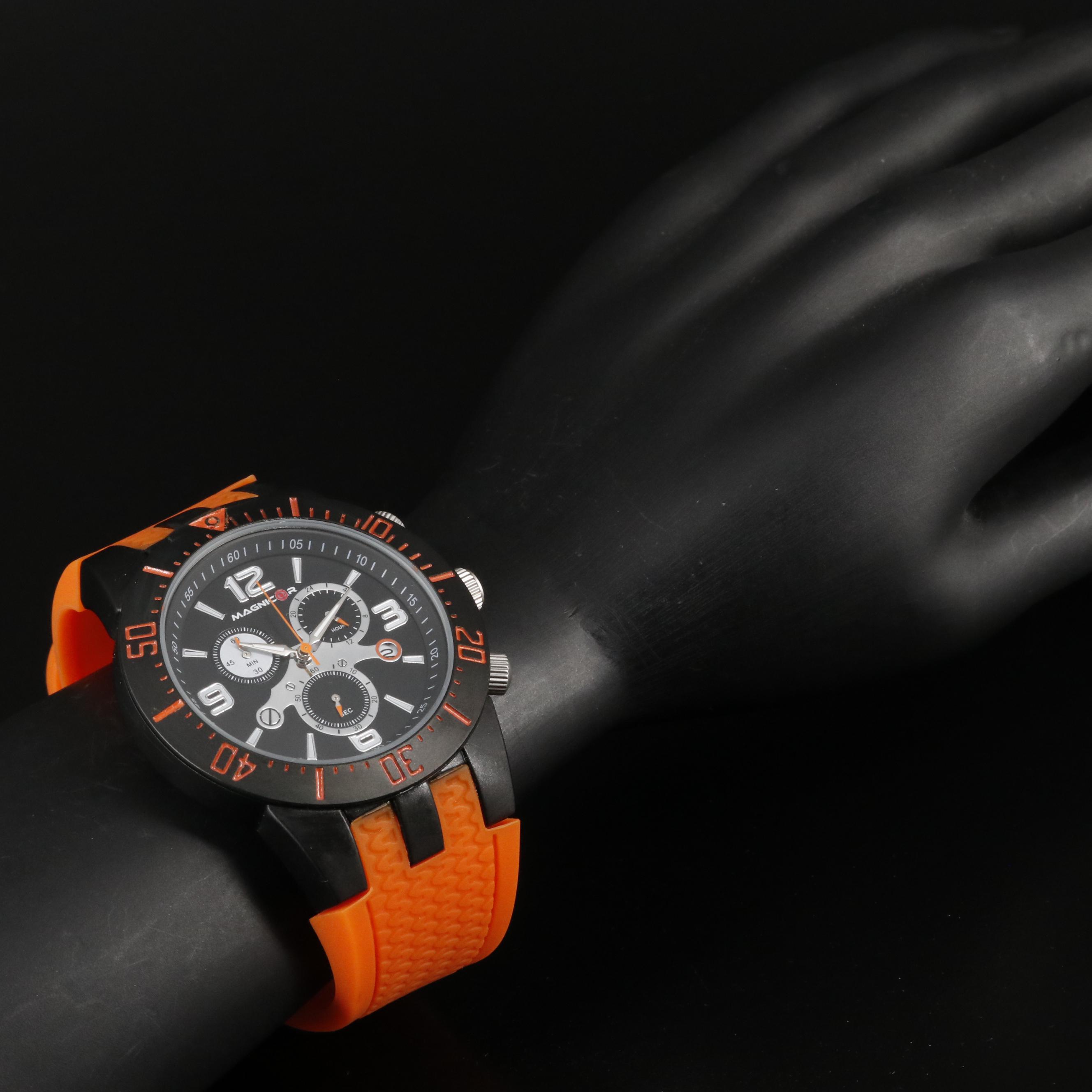 Magnicor Black Dial Chronograph Watch with Orange Strap