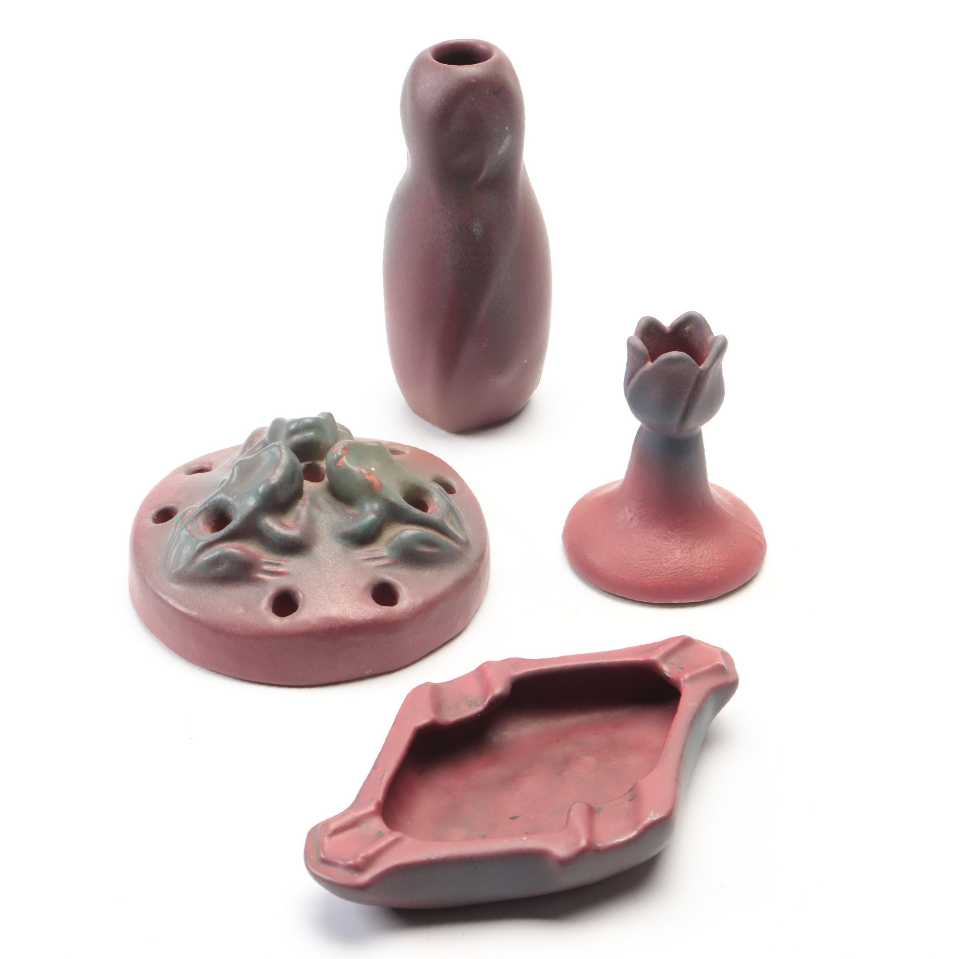 Van Briggle Pottery Mulberry Vase, Flower Frog, Ashtray, and Candlestick