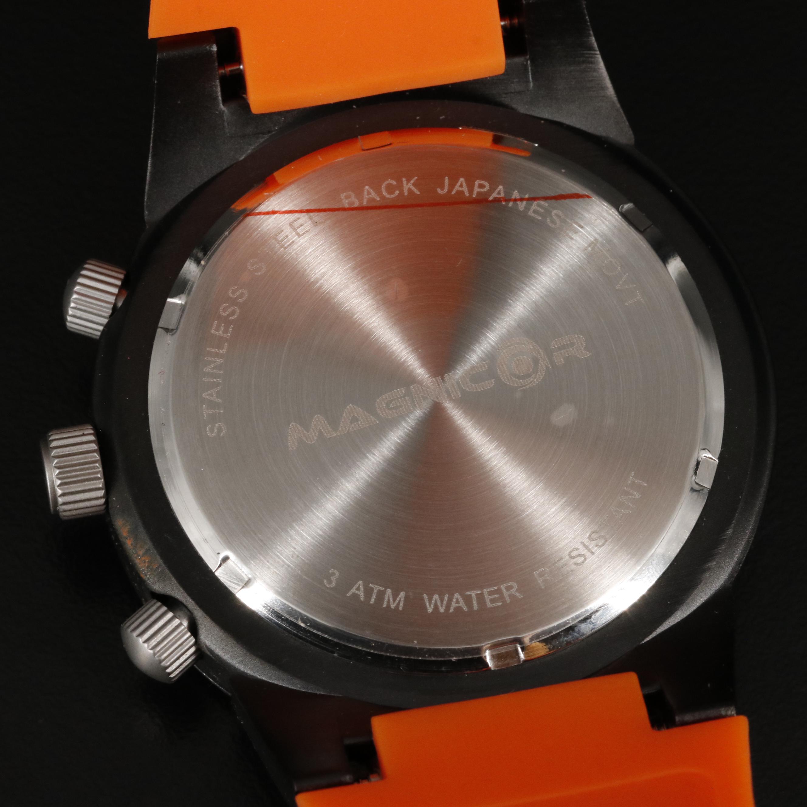Magnicor Black Dial Chronograph Watch with Orange Strap