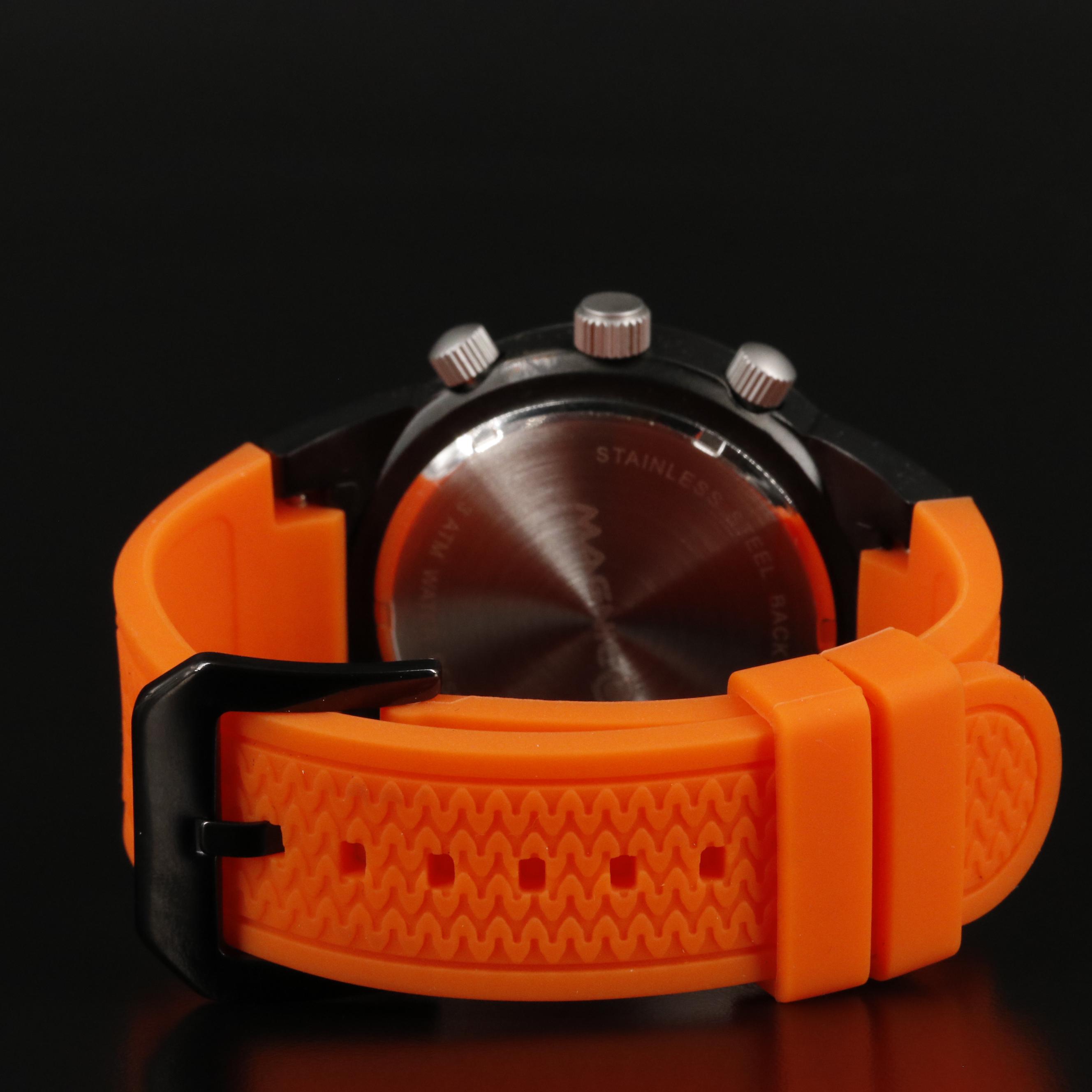 Magnicor Black Dial Chronograph Watch with Orange Strap