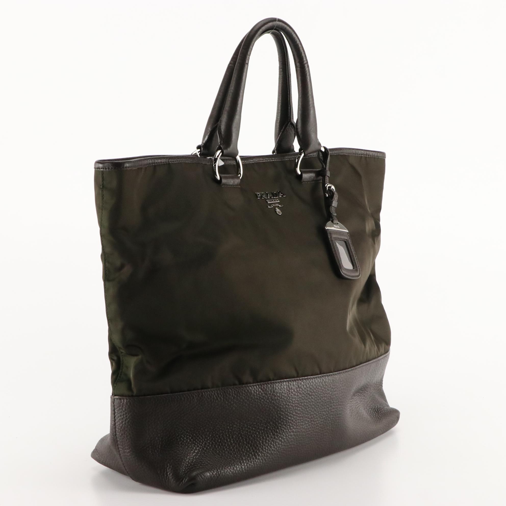 Prada Tote Bag in Brown Nylon with Grained Leather Trim