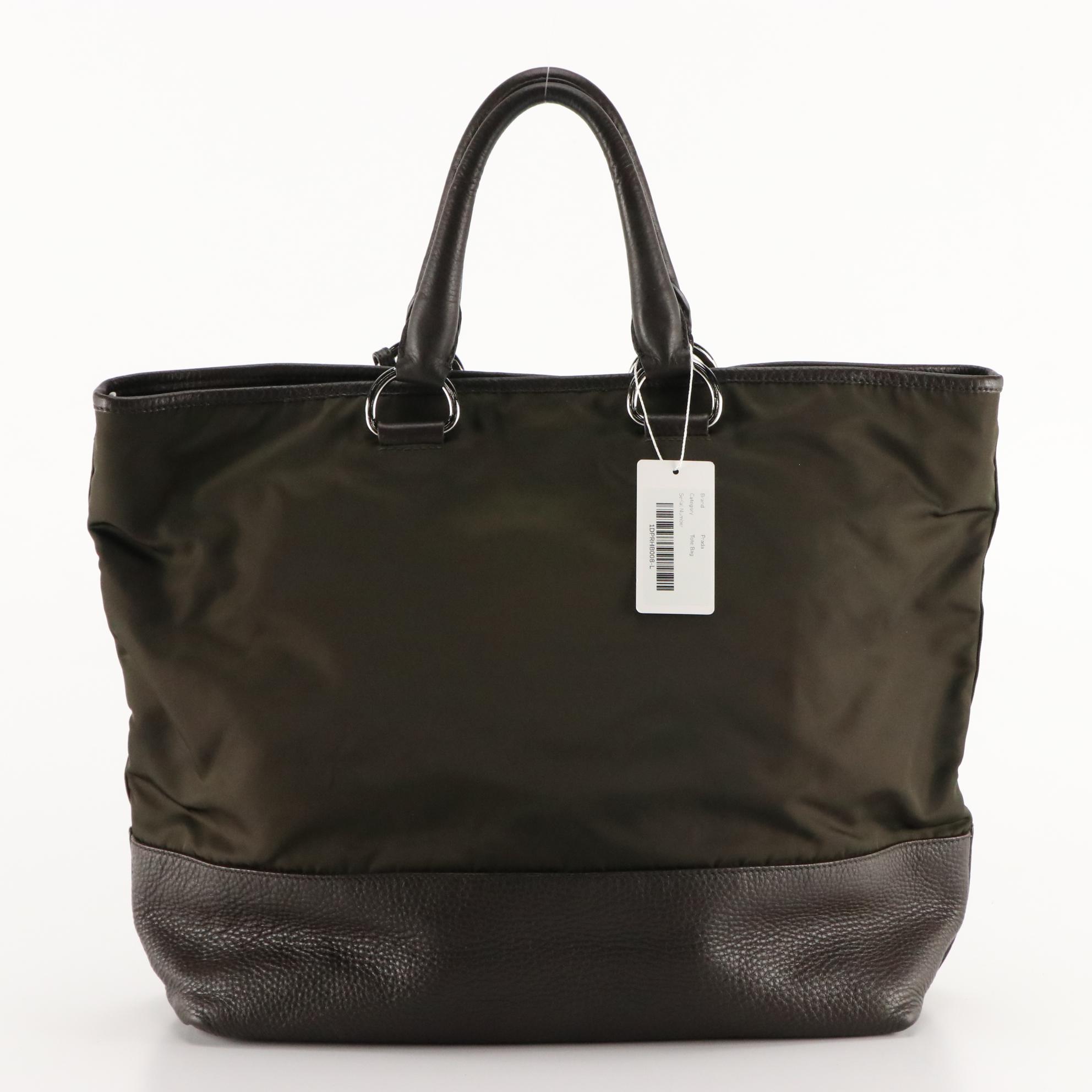 Prada Tote Bag in Brown Nylon with Grained Leather Trim