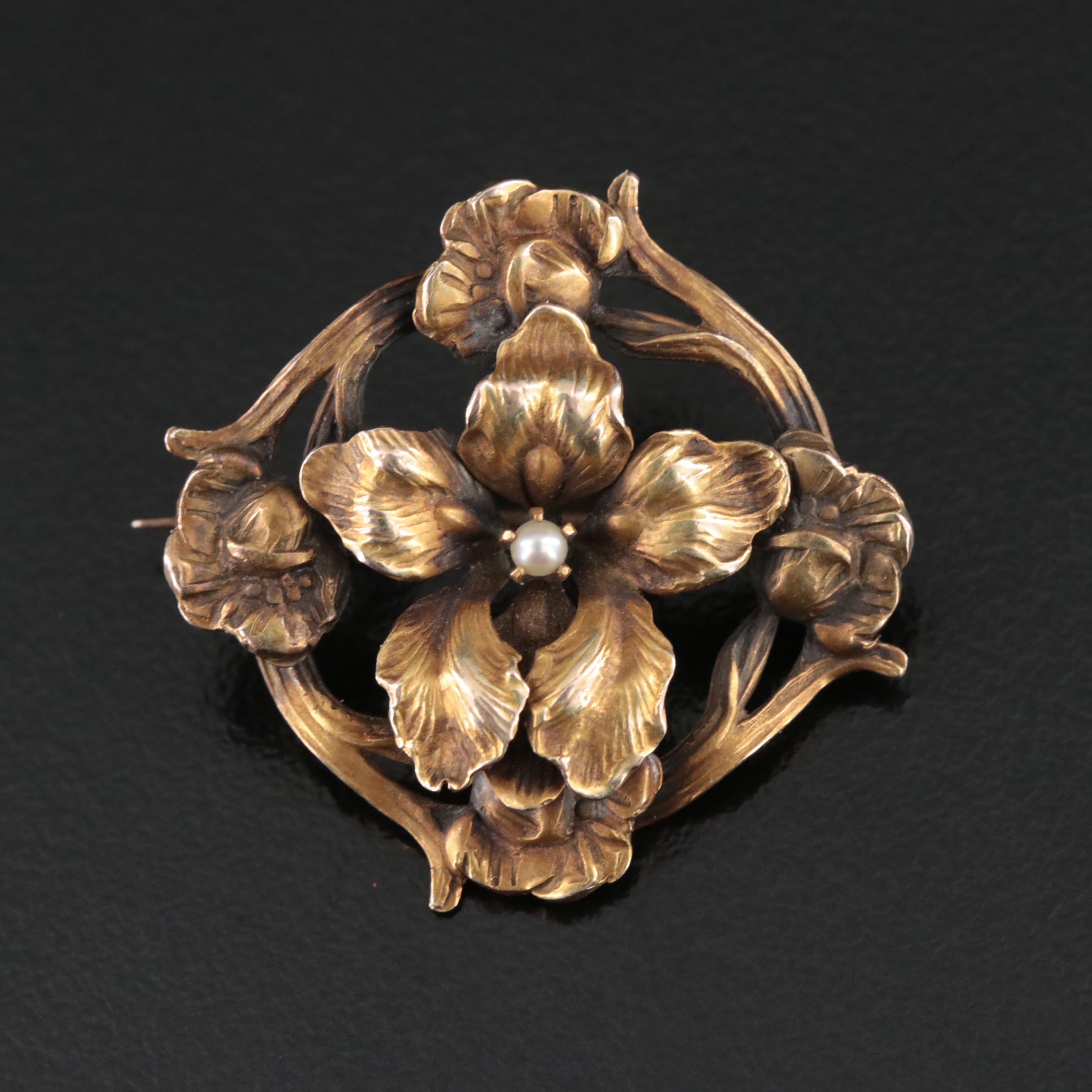 Art Nouveau 10K Pearl Iris and Floral Watch Pin