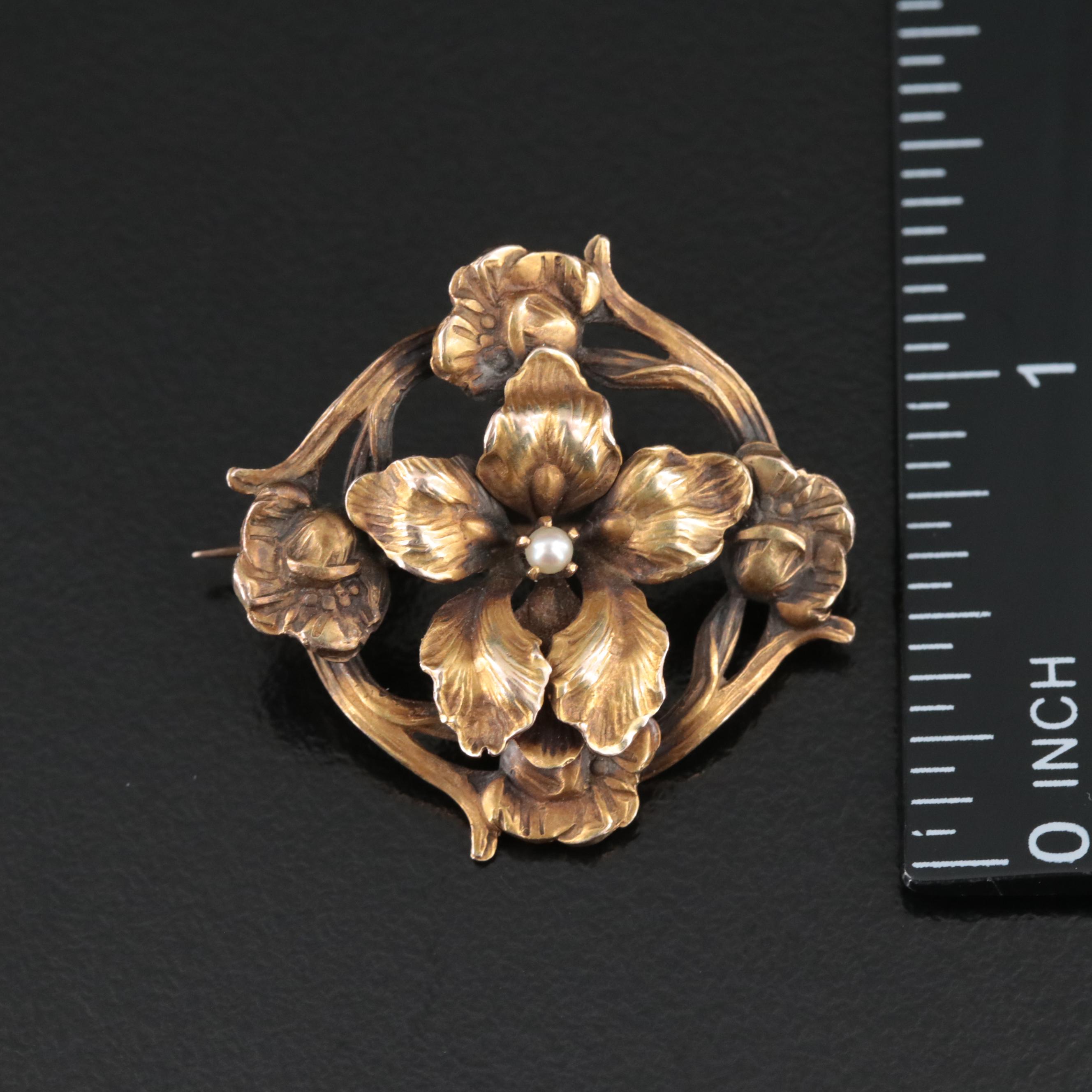 Art Nouveau 10K Pearl Iris and Floral Watch Pin