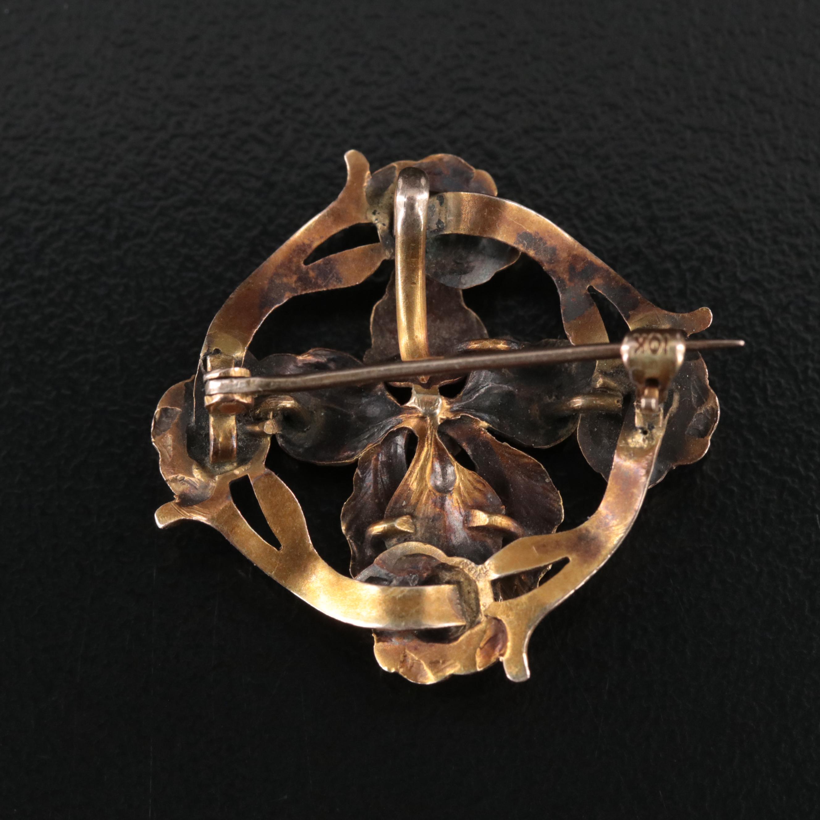 Art Nouveau 10K Pearl Iris and Floral Watch Pin