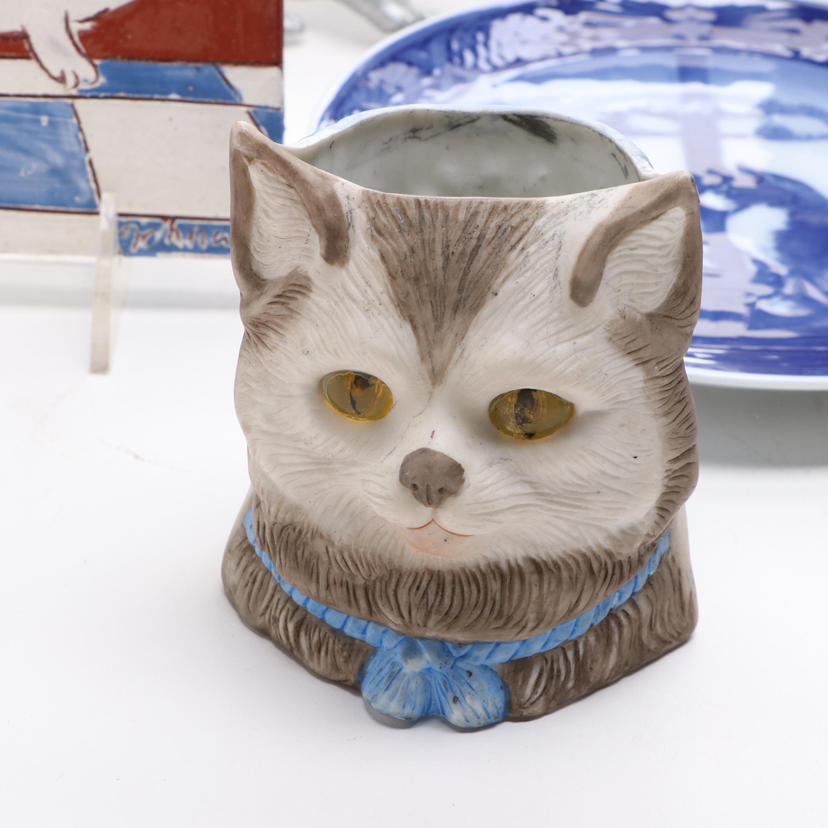 Terry Johnson Art Pottery Terracotta Tile with Other Cat Themed Décor