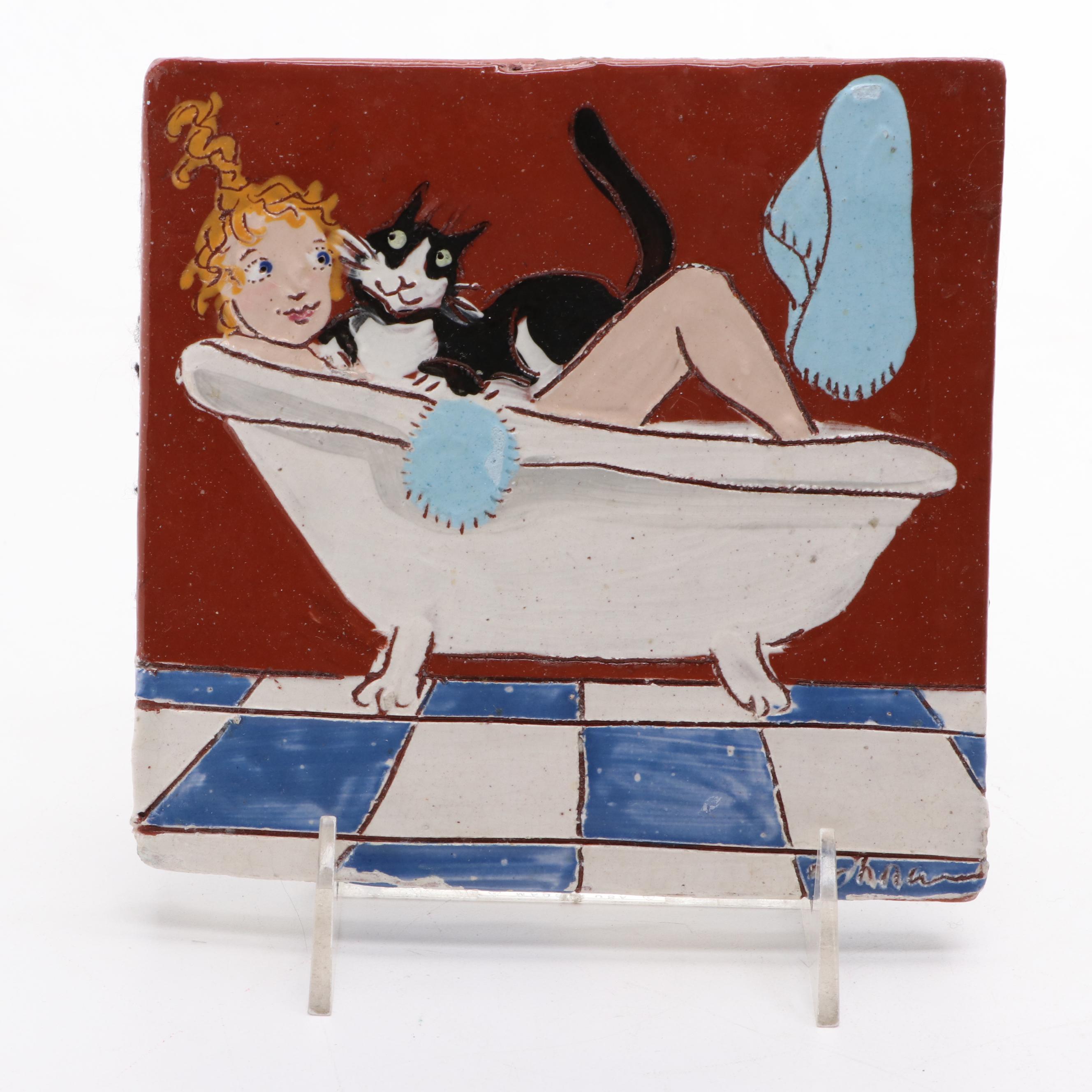 Terry Johnson Art Pottery Terracotta Tile with Other Cat Themed Décor