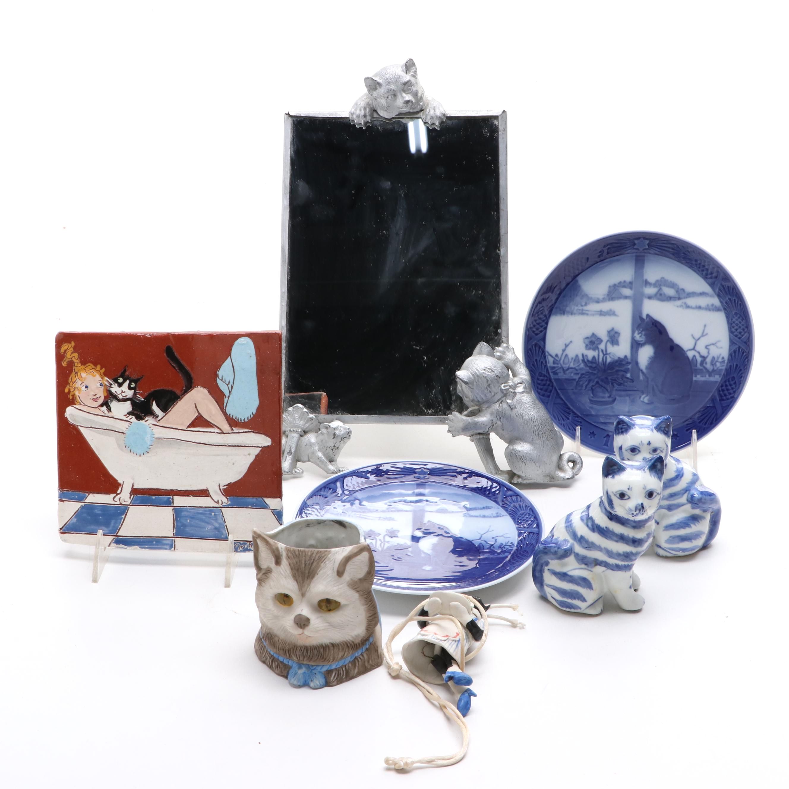 Terry Johnson Art Pottery Terracotta Tile with Other Cat Themed Décor