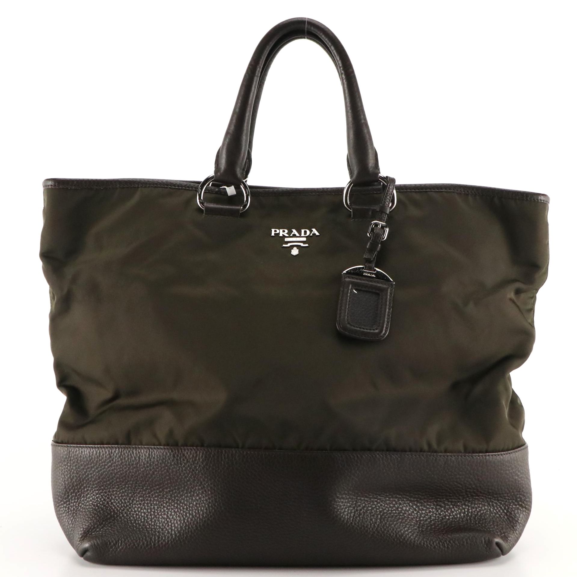 Prada Tote Bag in Brown Nylon with Grained Leather Trim