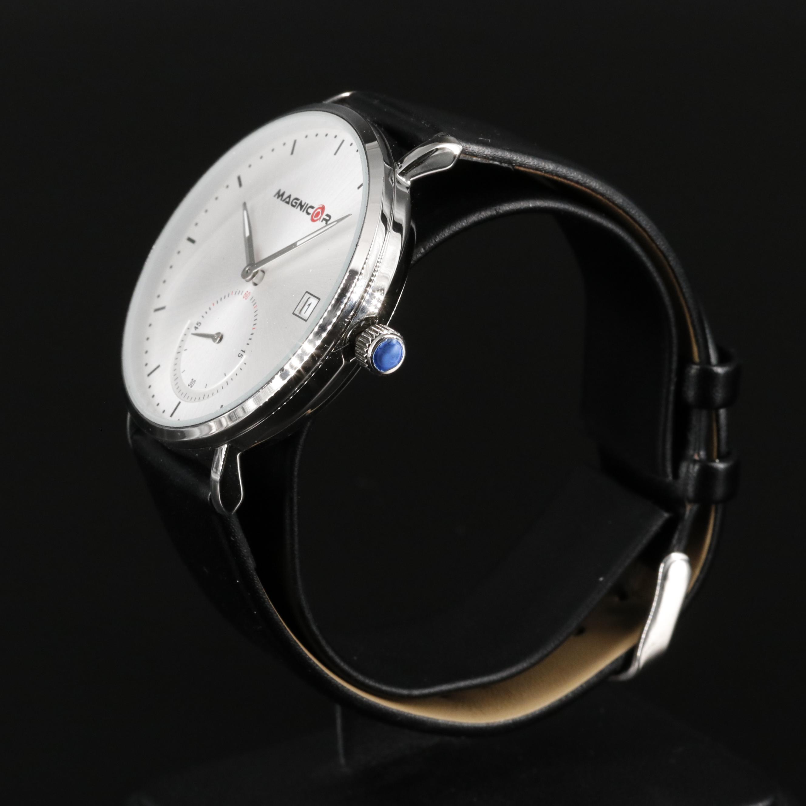 Magnicor Classic Analog Watch with Black Leather Strap