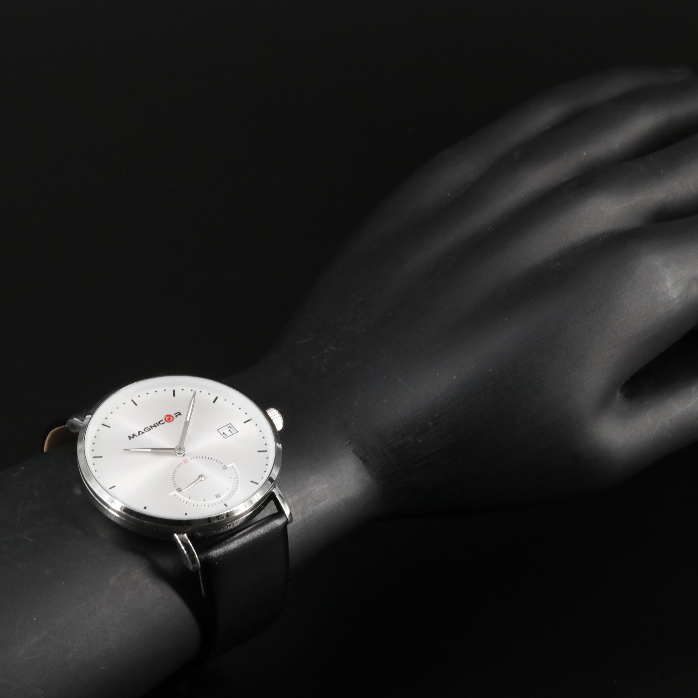 Magnicor Classic Analog Watch with Black Leather Strap
