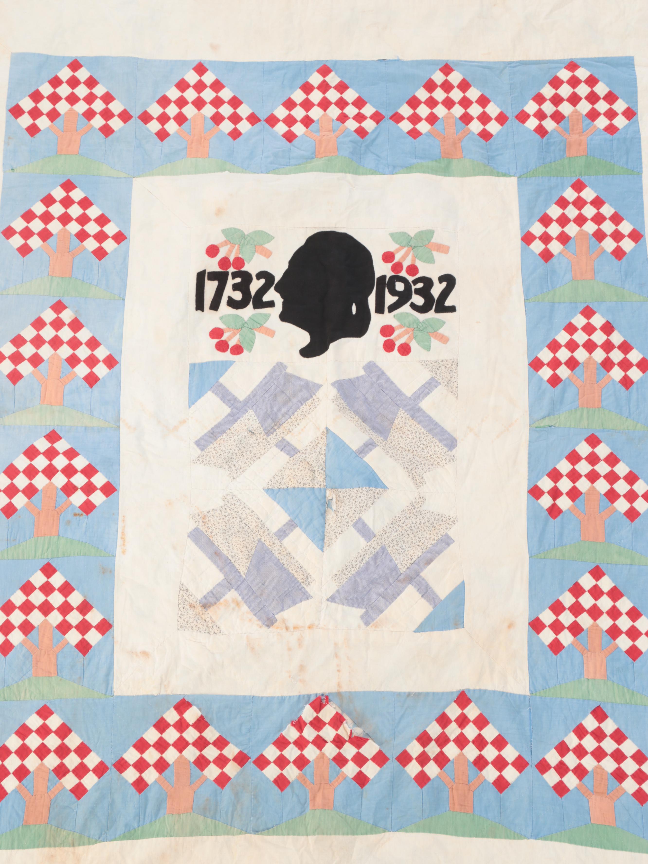 Hand-Crafted Bicentennial Theme Block Quilt