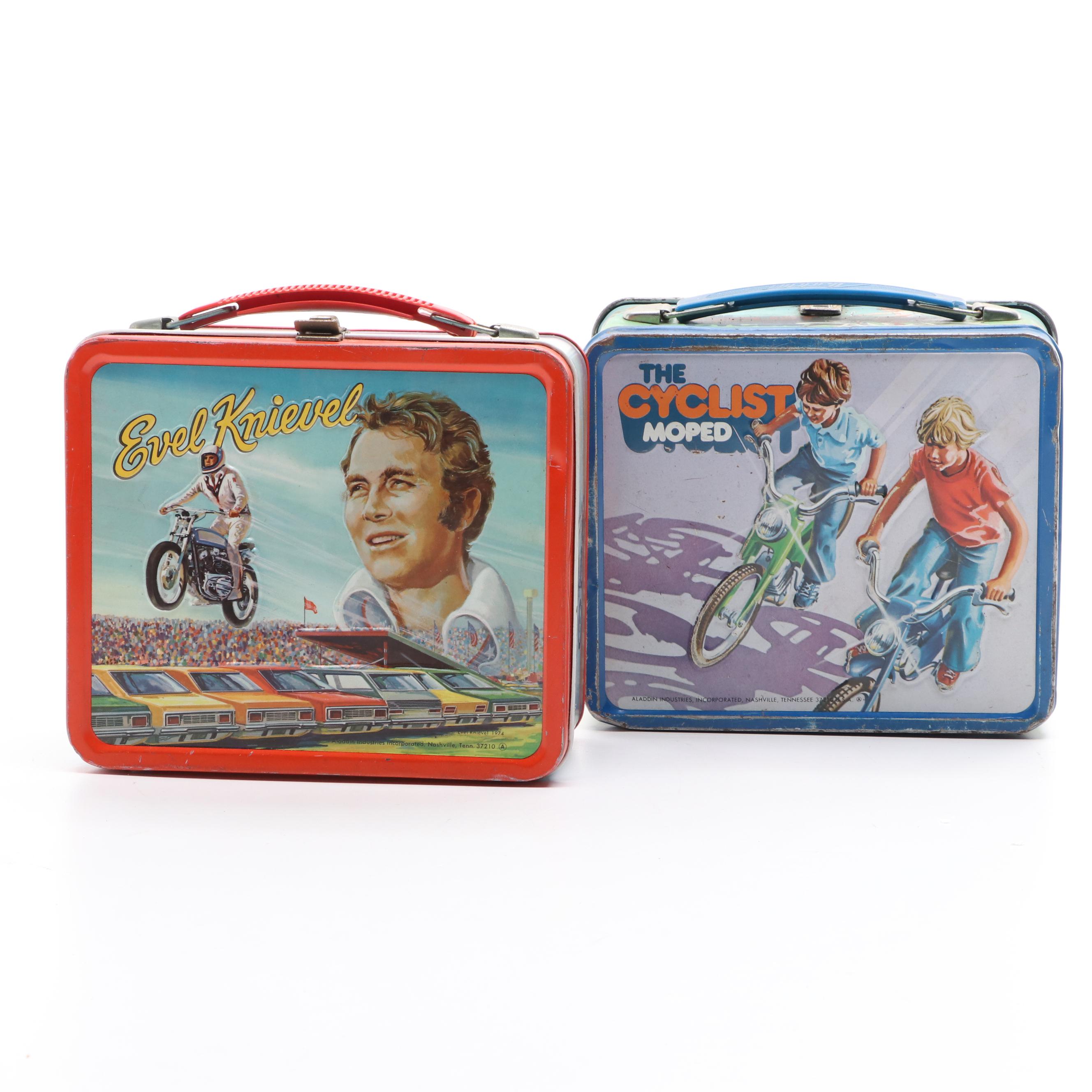 Aladdin Industries "The Cyclist Moped" and "Evel Knievel" Lunchboxes