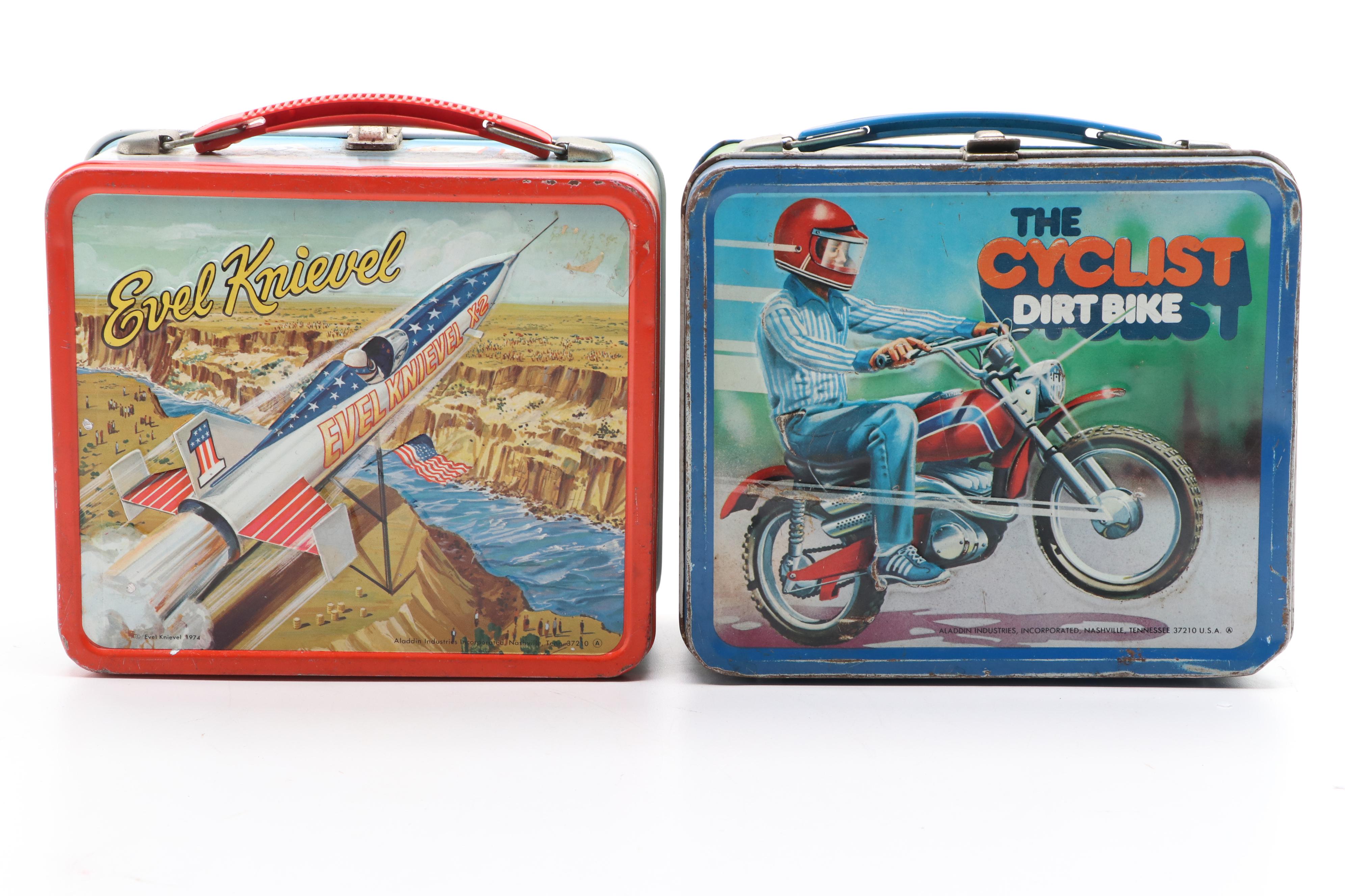 Aladdin Industries "The Cyclist Moped" and "Evel Knievel" Lunchboxes