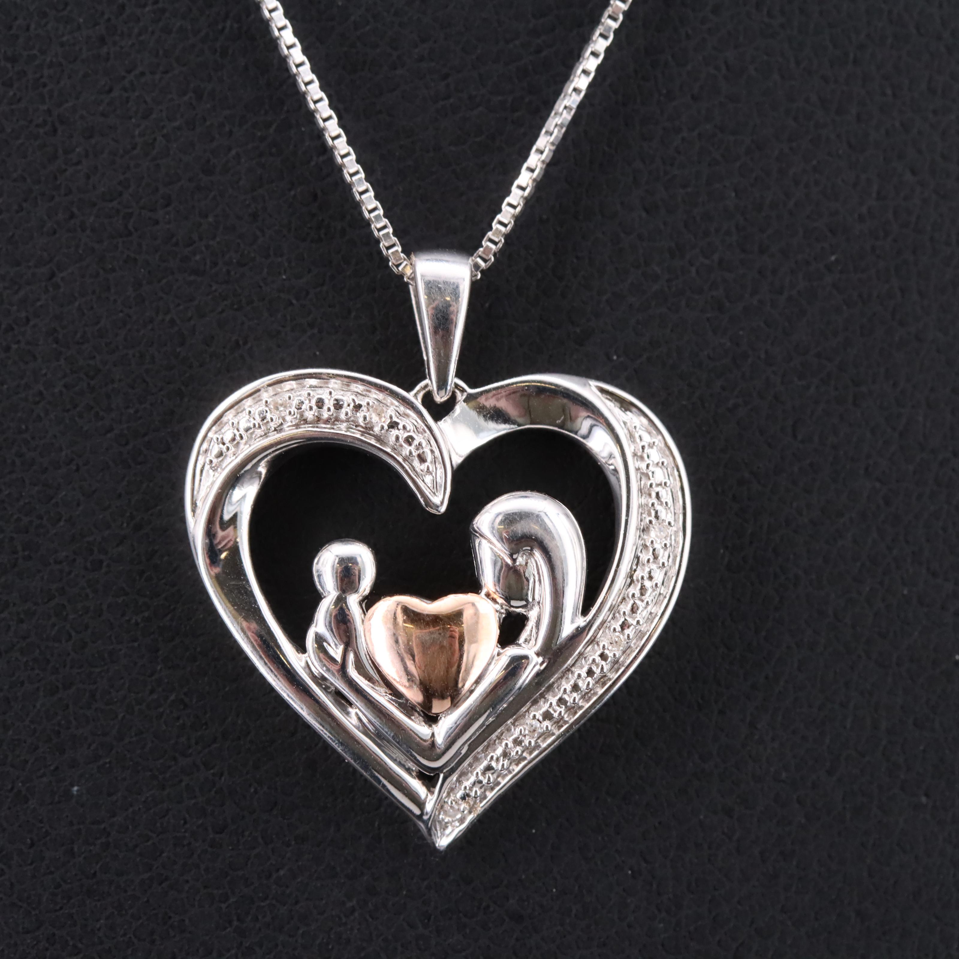 Sterling Silver Diamond Mother and Child Heart Necklace with a 10K Accent