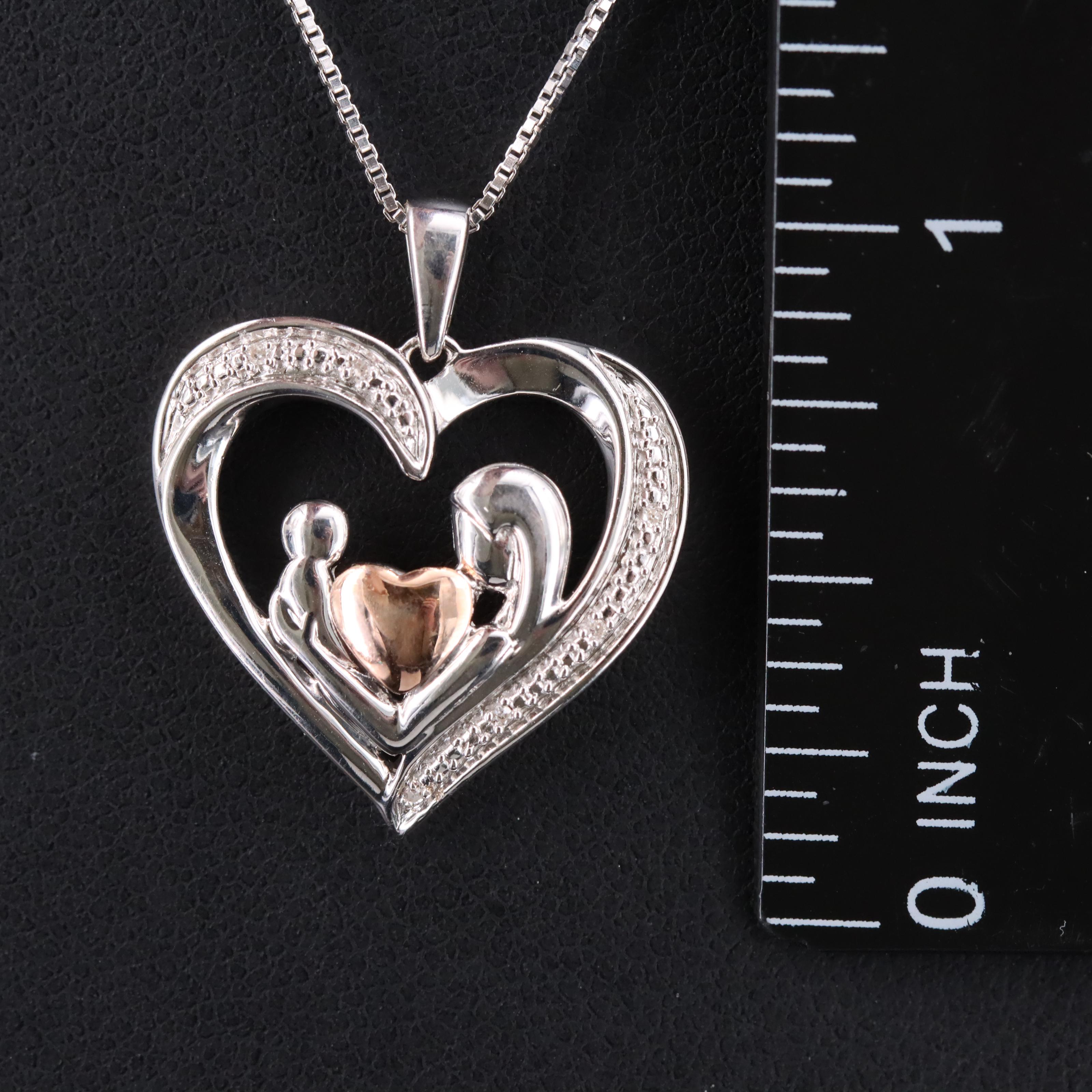 Sterling Silver Diamond Mother and Child Heart Necklace with a 10K Accent