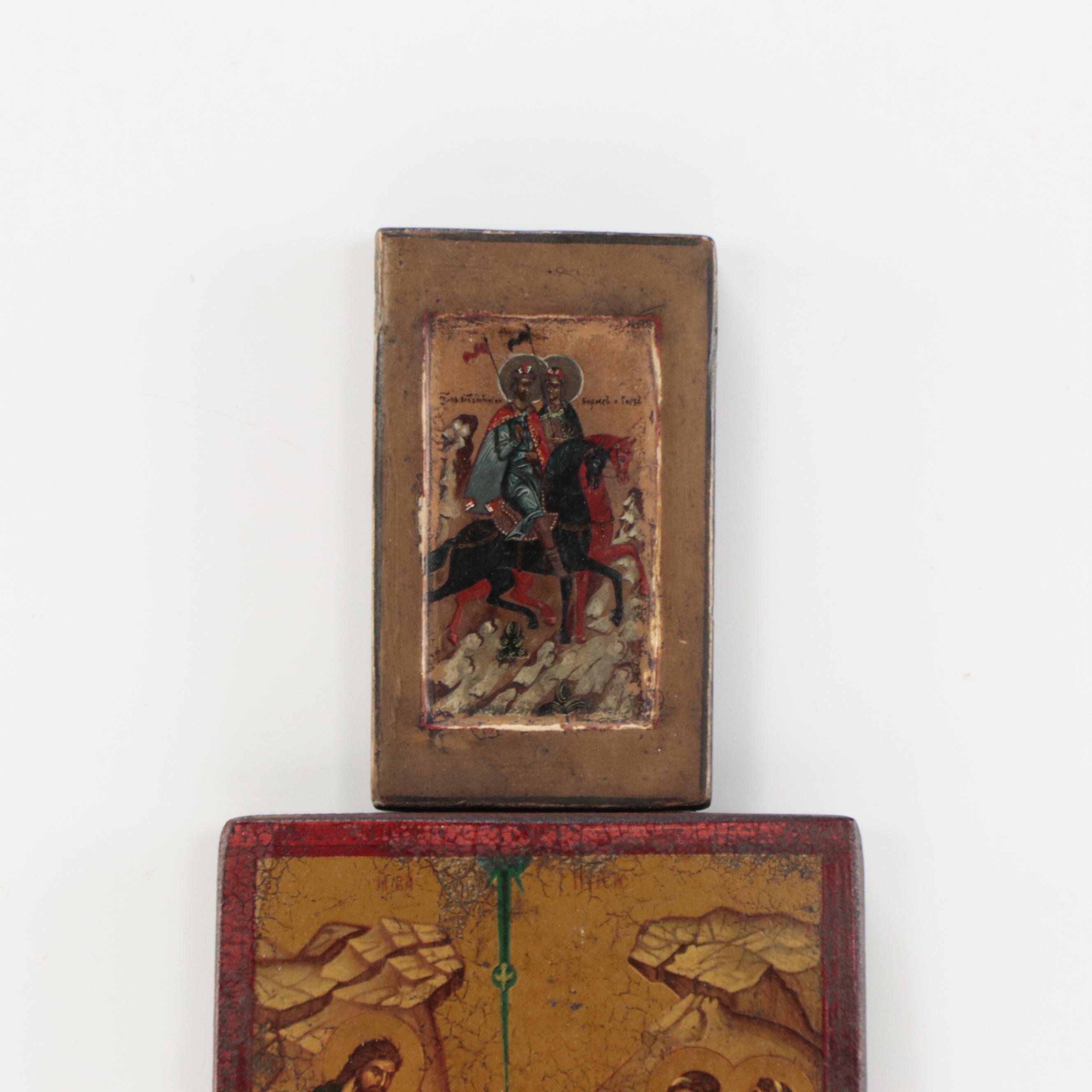 Two Hand Painted Eastern Orthodox Icons on Wood Panel, 20th C
