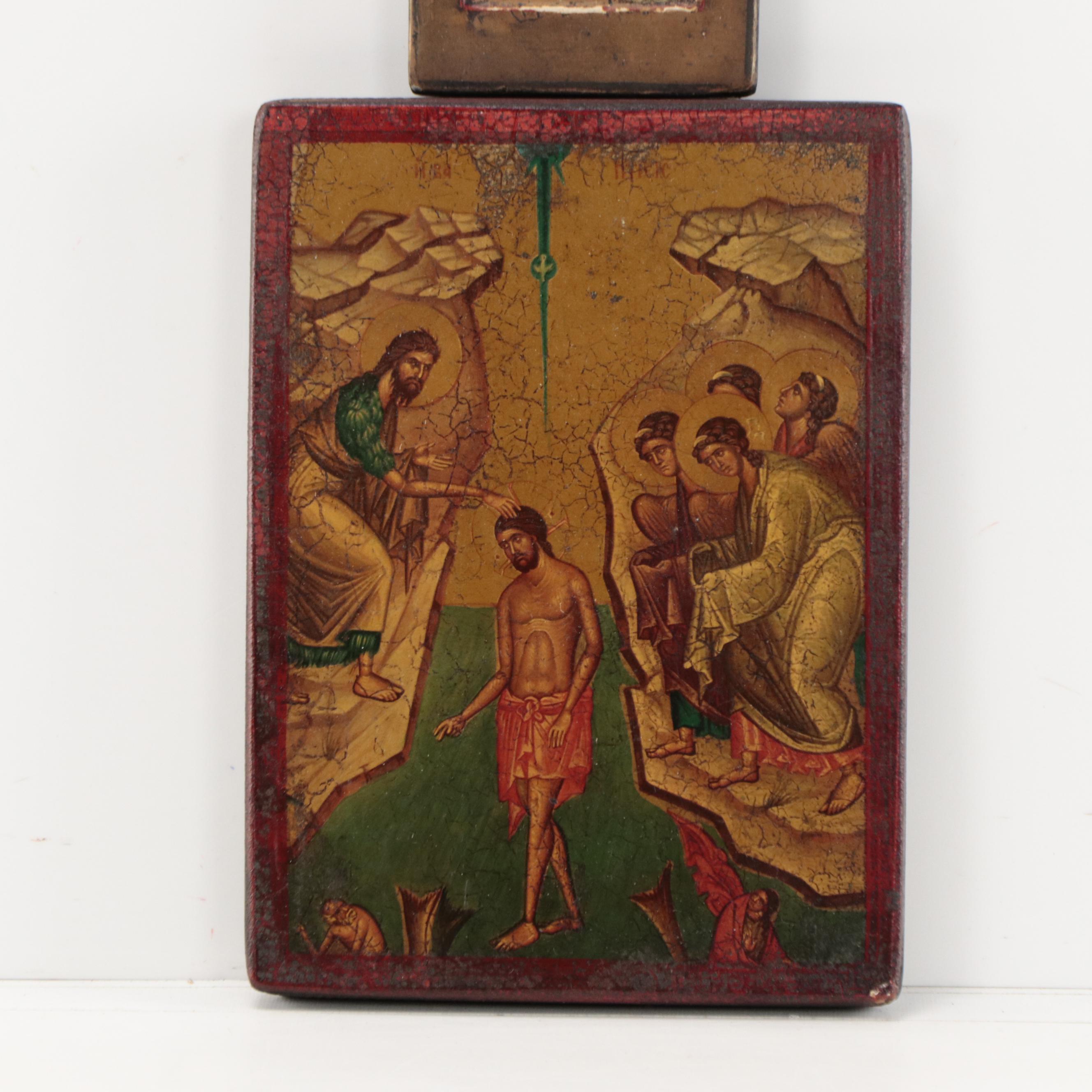 Two Hand Painted Eastern Orthodox Icons on Wood Panel, 20th C