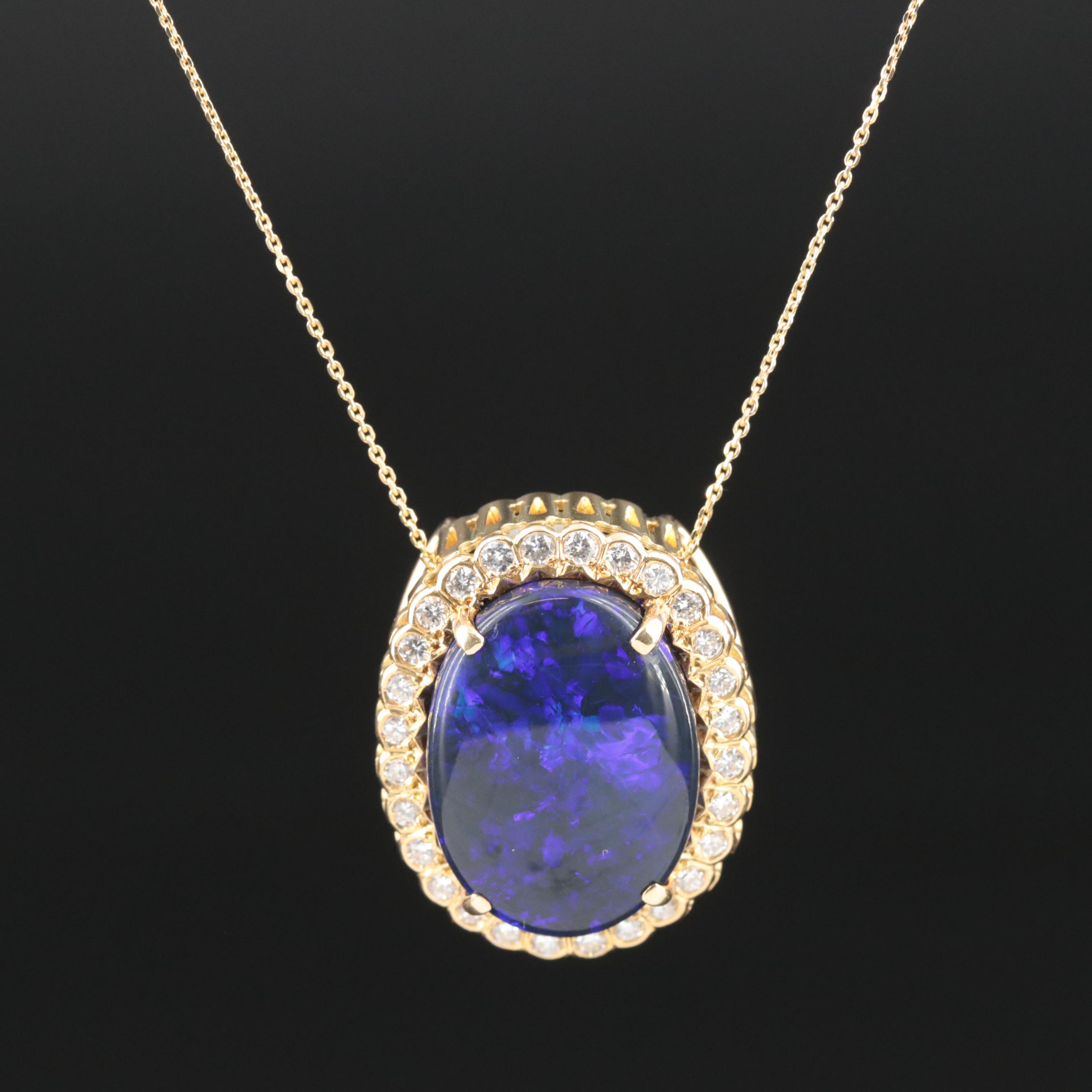 18K 9.00 CT Black Opal and Diamond Pendant Necklace