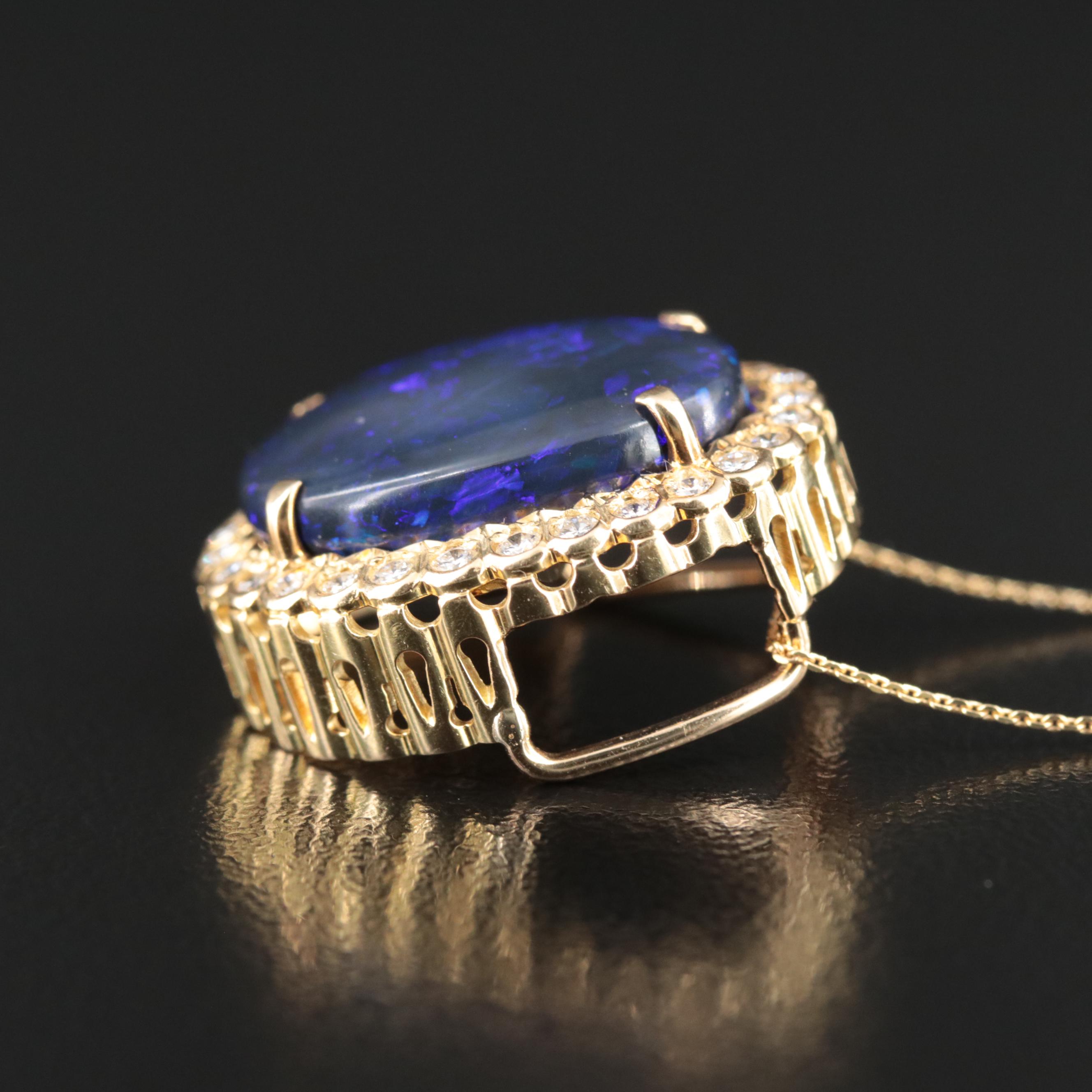 18K 9.00 CT Black Opal and Diamond Pendant Necklace