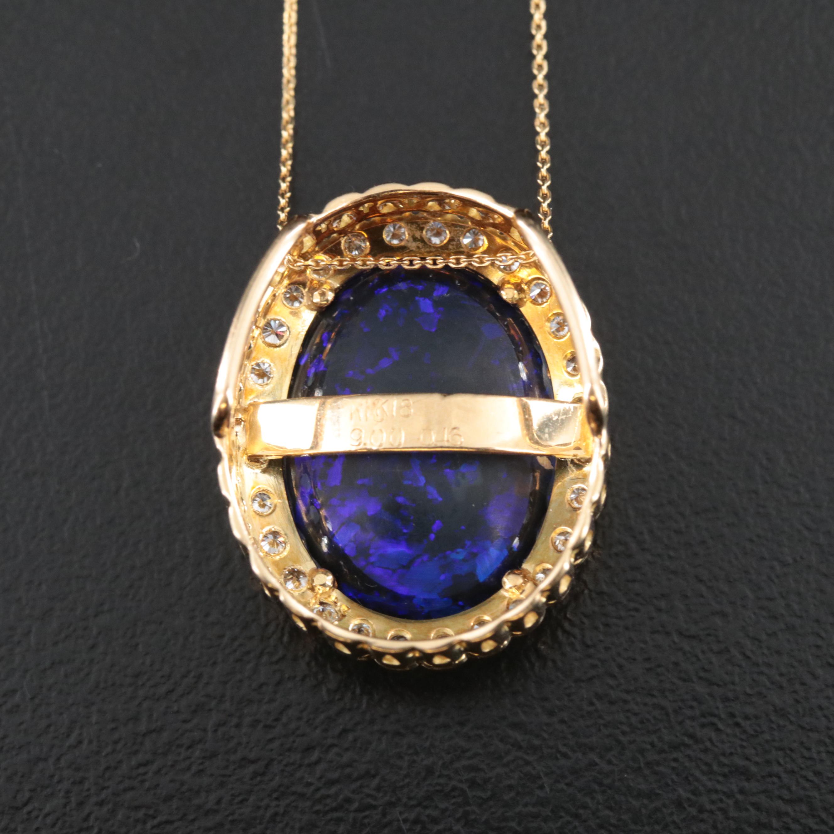 18K 9.00 CT Black Opal and Diamond Pendant Necklace