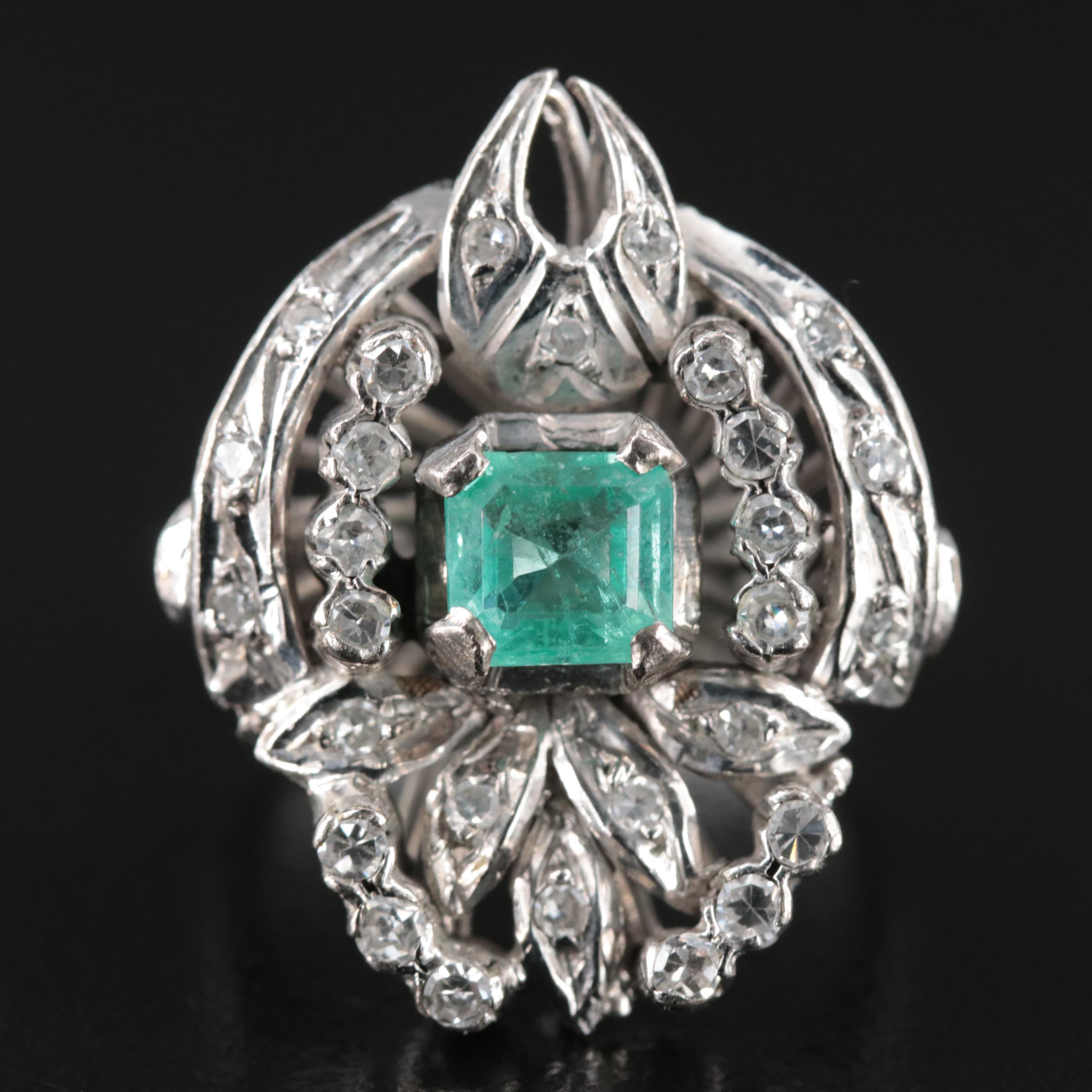 Vintage Silver Palladium Alloy Emerald and Diamond Ring