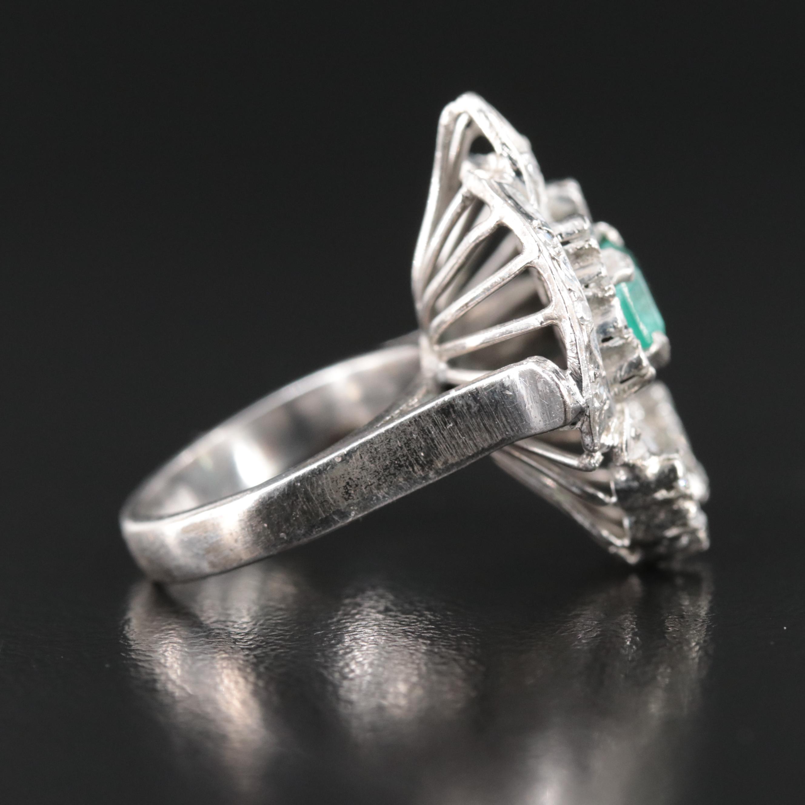 Vintage Silver Palladium Alloy Emerald and Diamond Ring