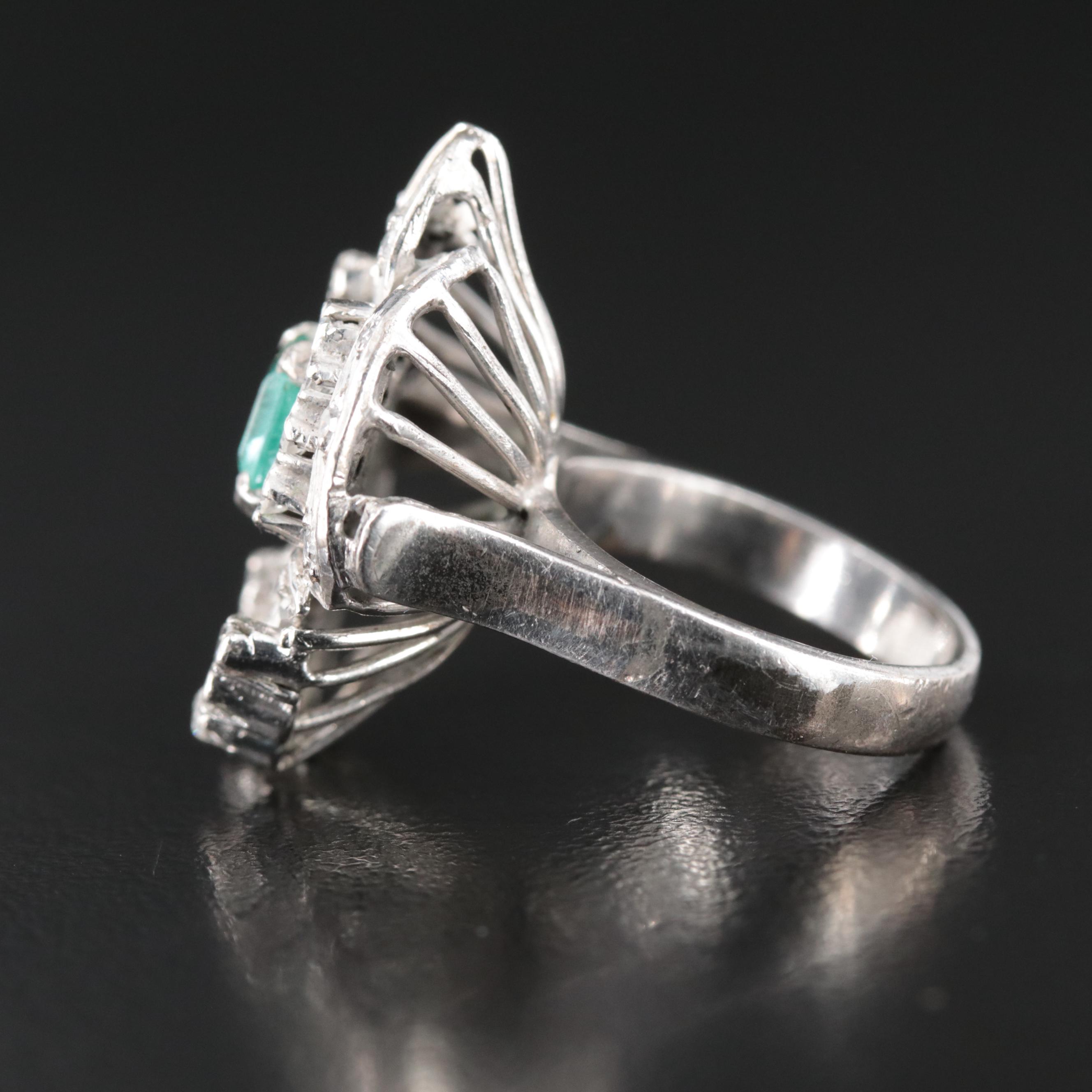 Vintage Silver Palladium Alloy Emerald and Diamond Ring