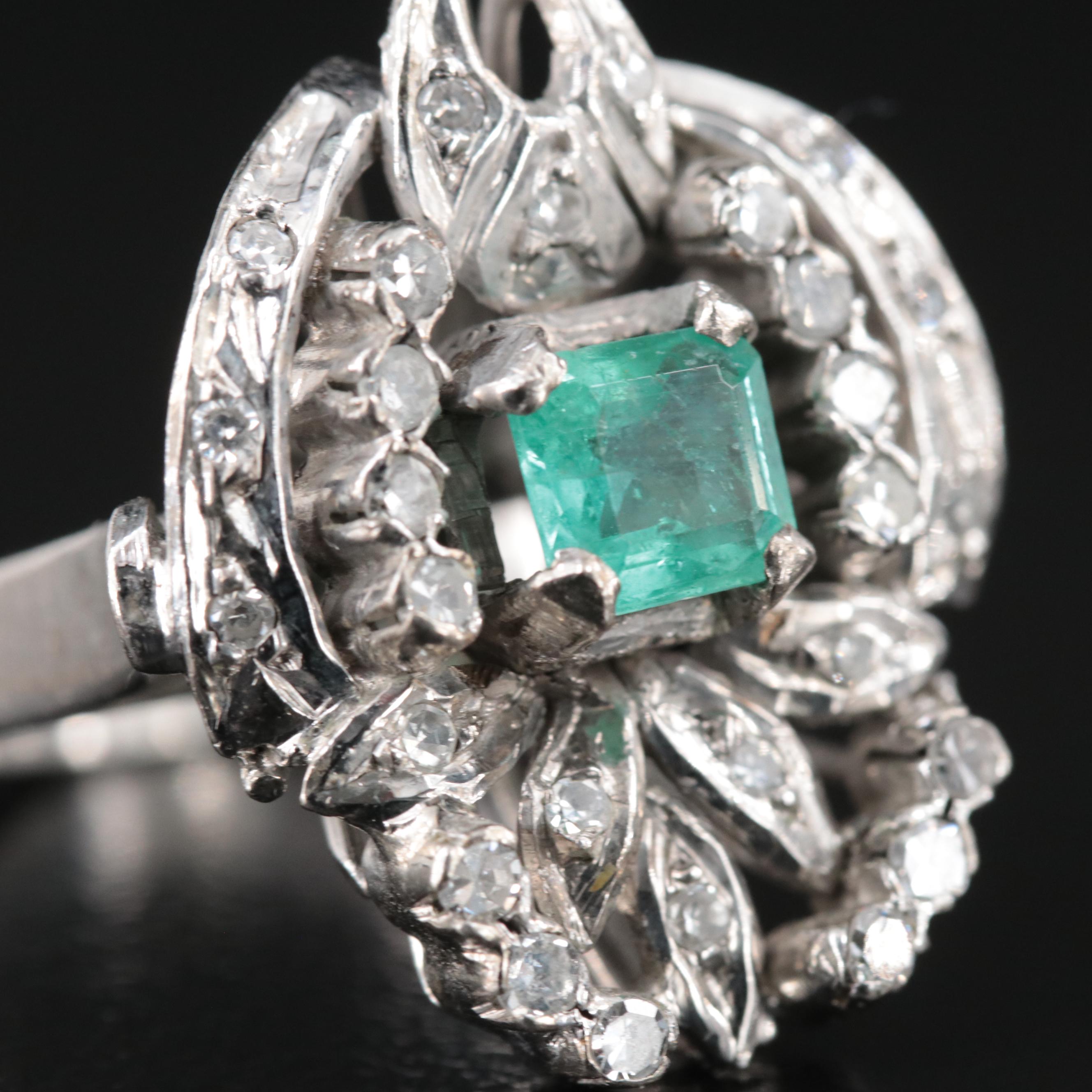 Vintage Silver Palladium Alloy Emerald and Diamond Ring