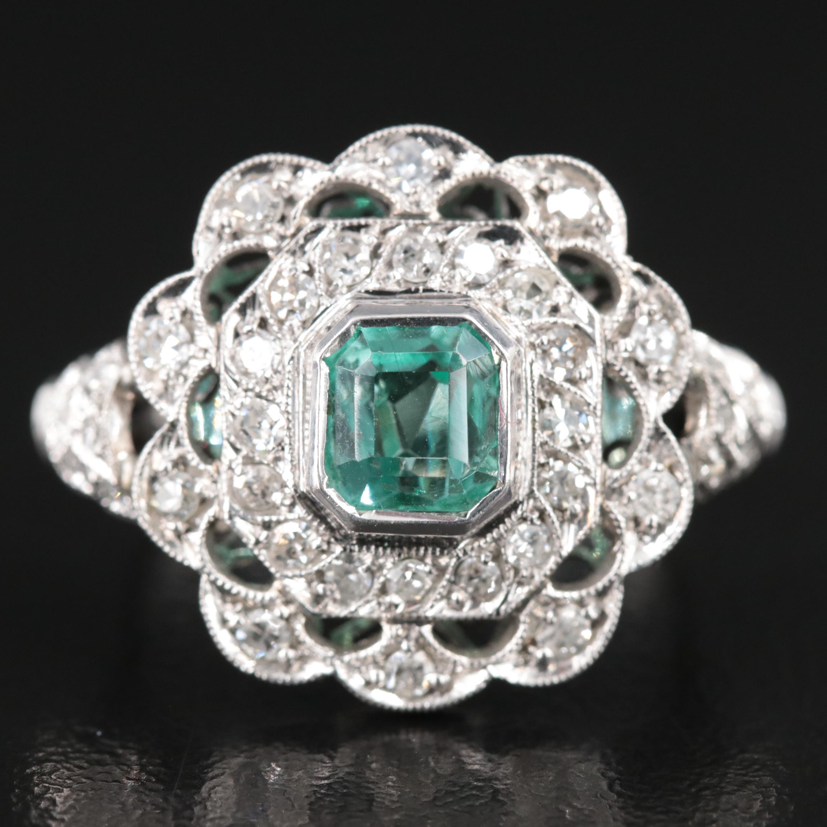 Vintage Silver Palladium Alloy Emerald and Diamond Ring