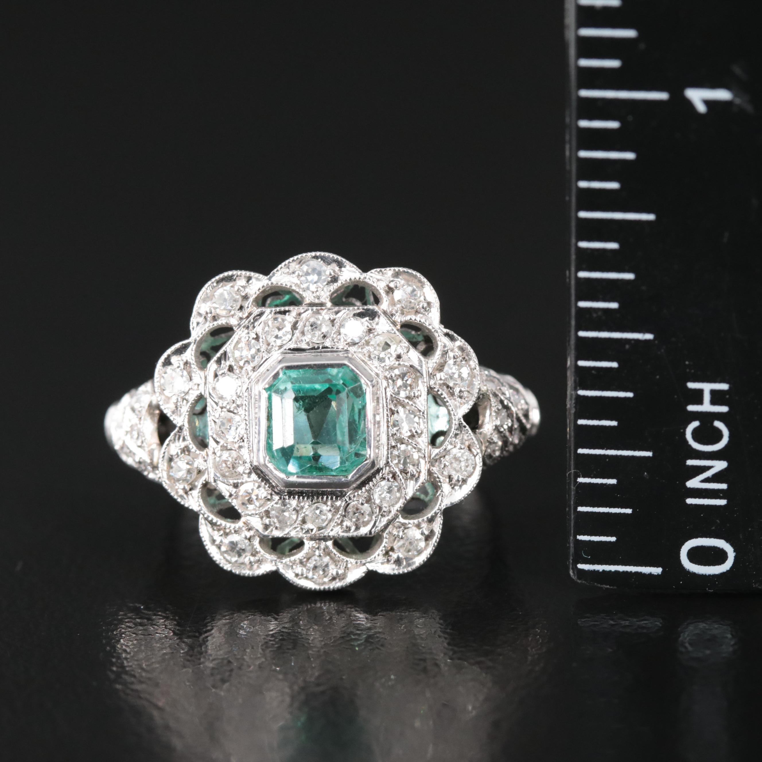 Vintage Silver Palladium Alloy Emerald and Diamond Ring