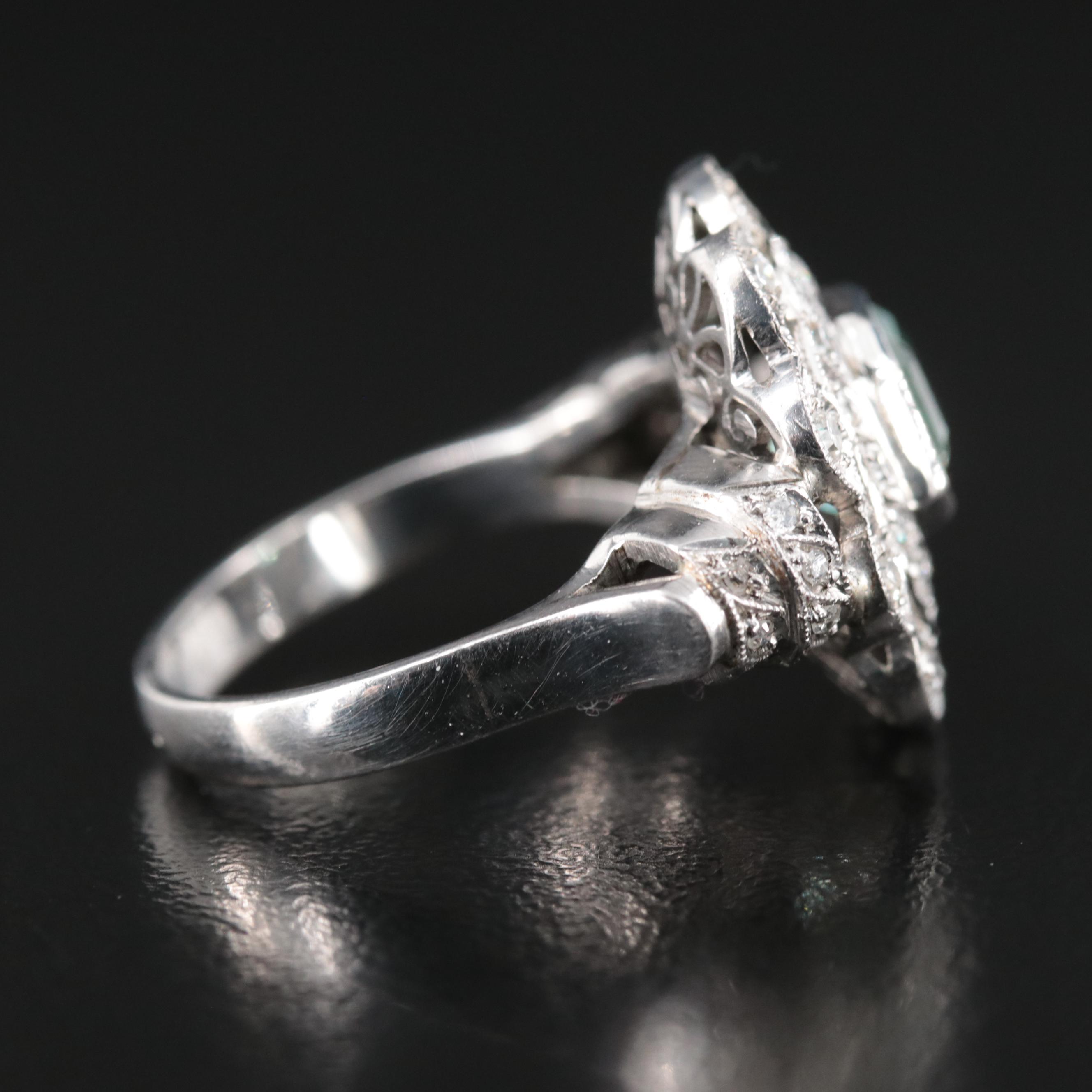 Vintage Silver Palladium Alloy Emerald and Diamond Ring