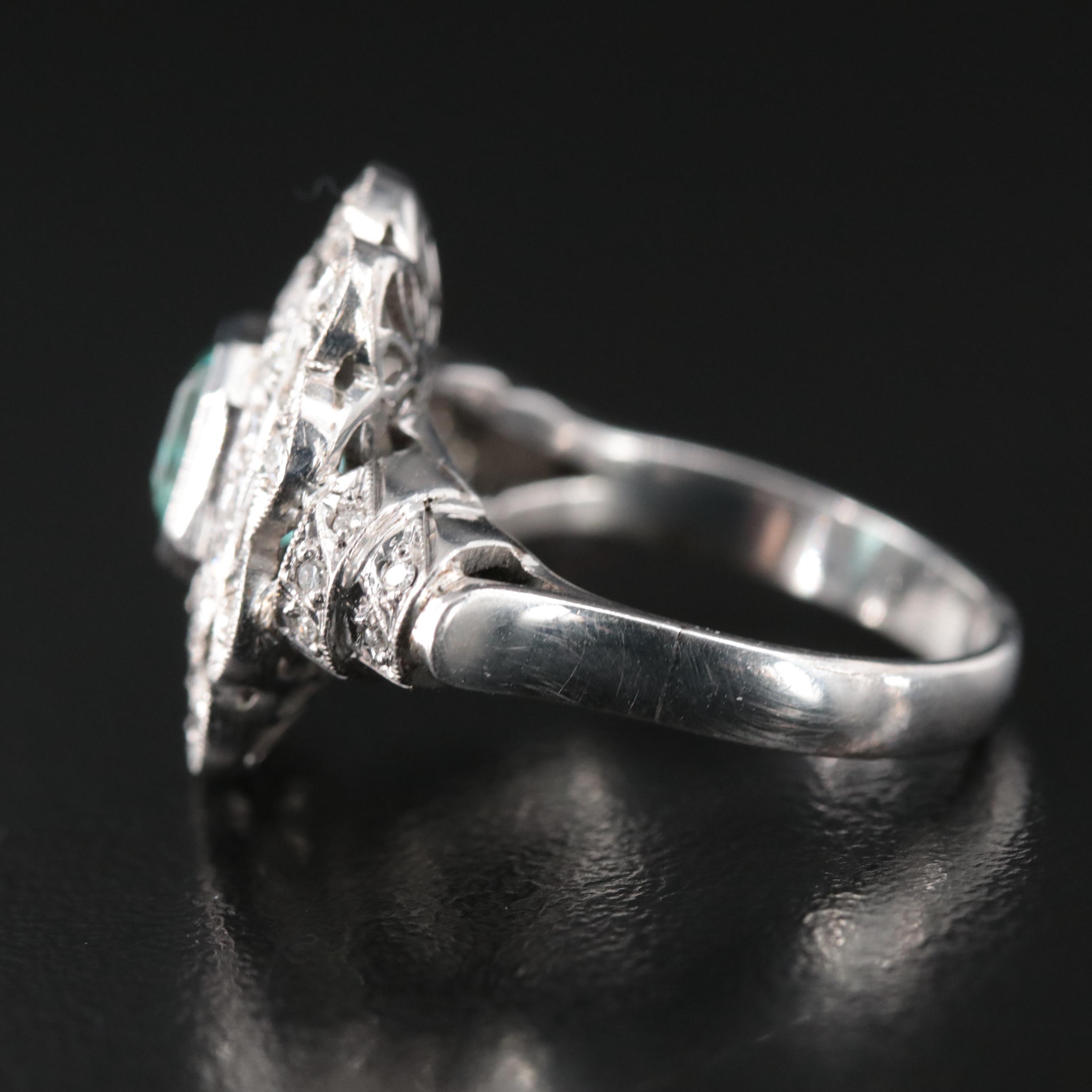 Vintage Silver Palladium Alloy Emerald and Diamond Ring