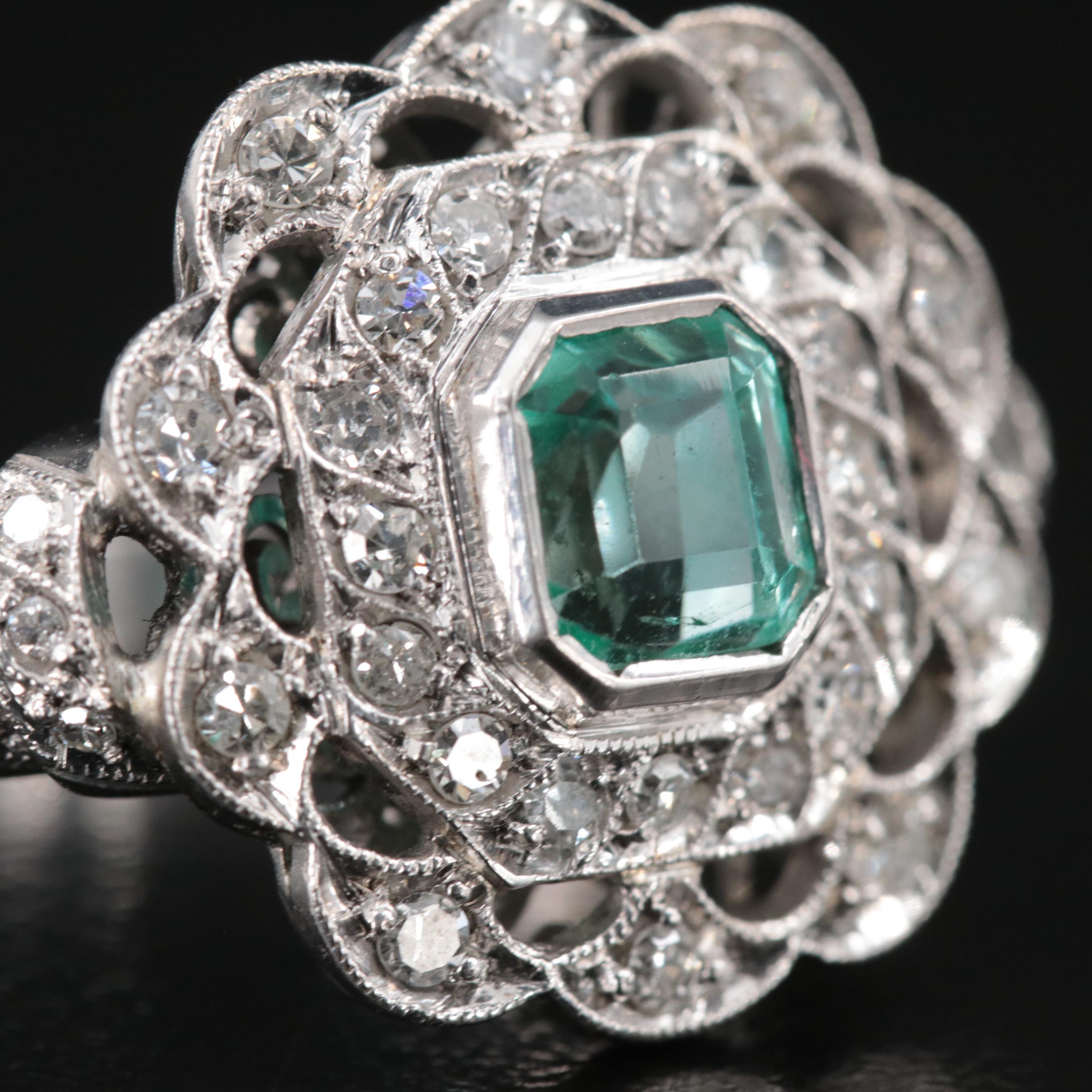 Vintage Silver Palladium Alloy Emerald and Diamond Ring