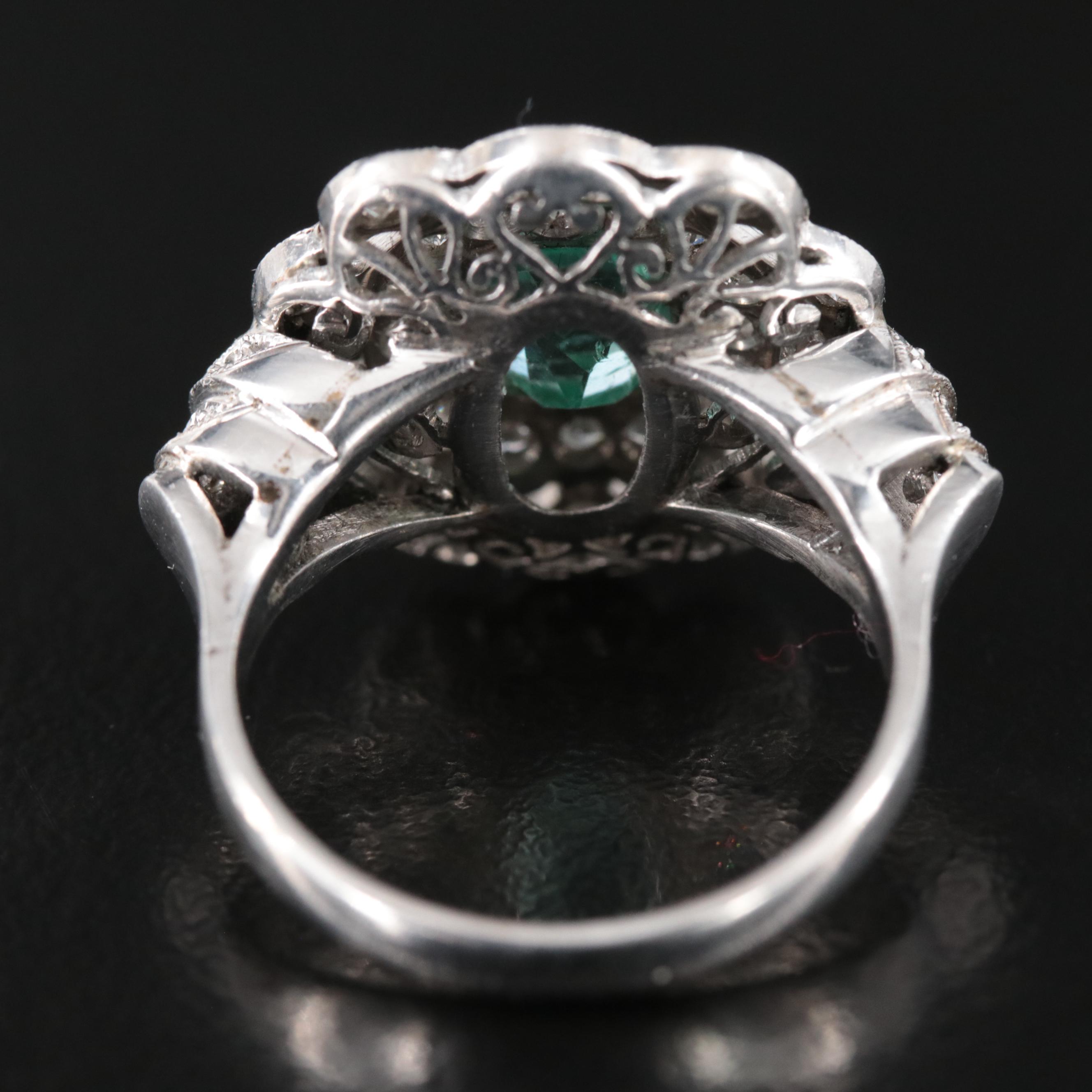 Vintage Silver Palladium Alloy Emerald and Diamond Ring