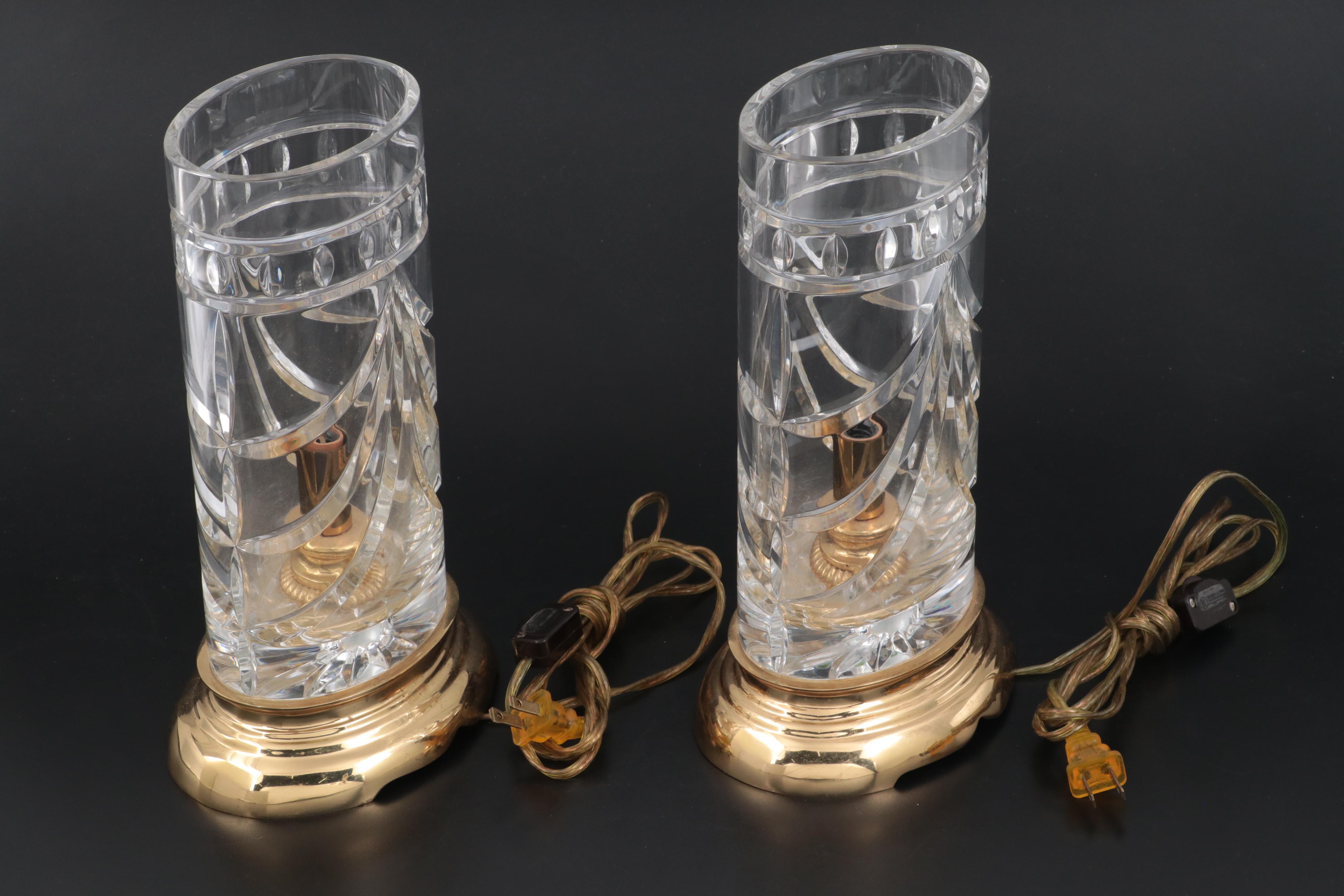Waterford "Overture" Crystal and Brass Electric Hurricane Lamps